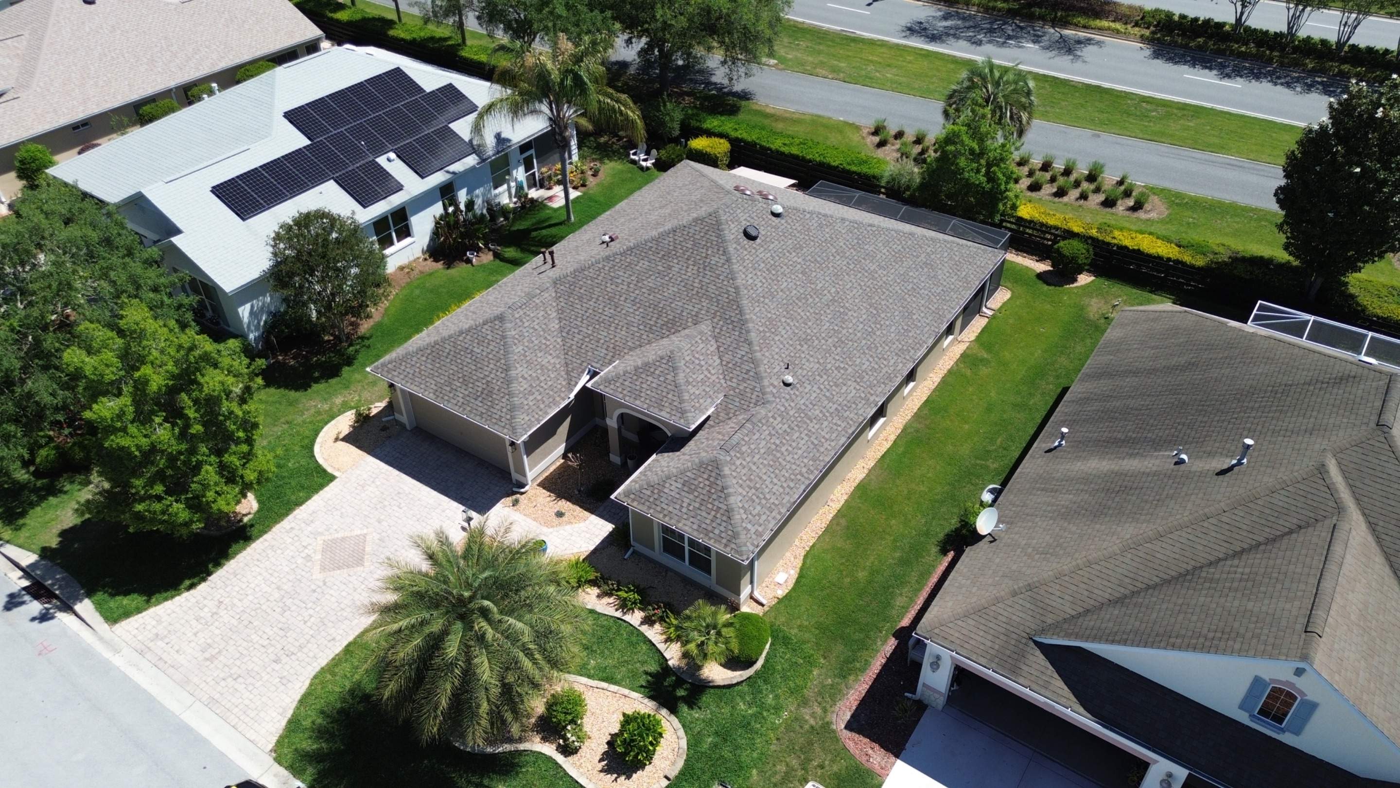 Before and after drone pictures in The Villages FL by Gold Key Roofing