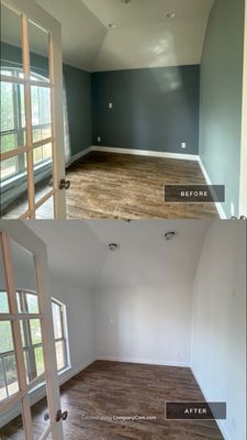 Before and after photo of a bonus room repainted by Hill Country Painting in Manchaca, TX