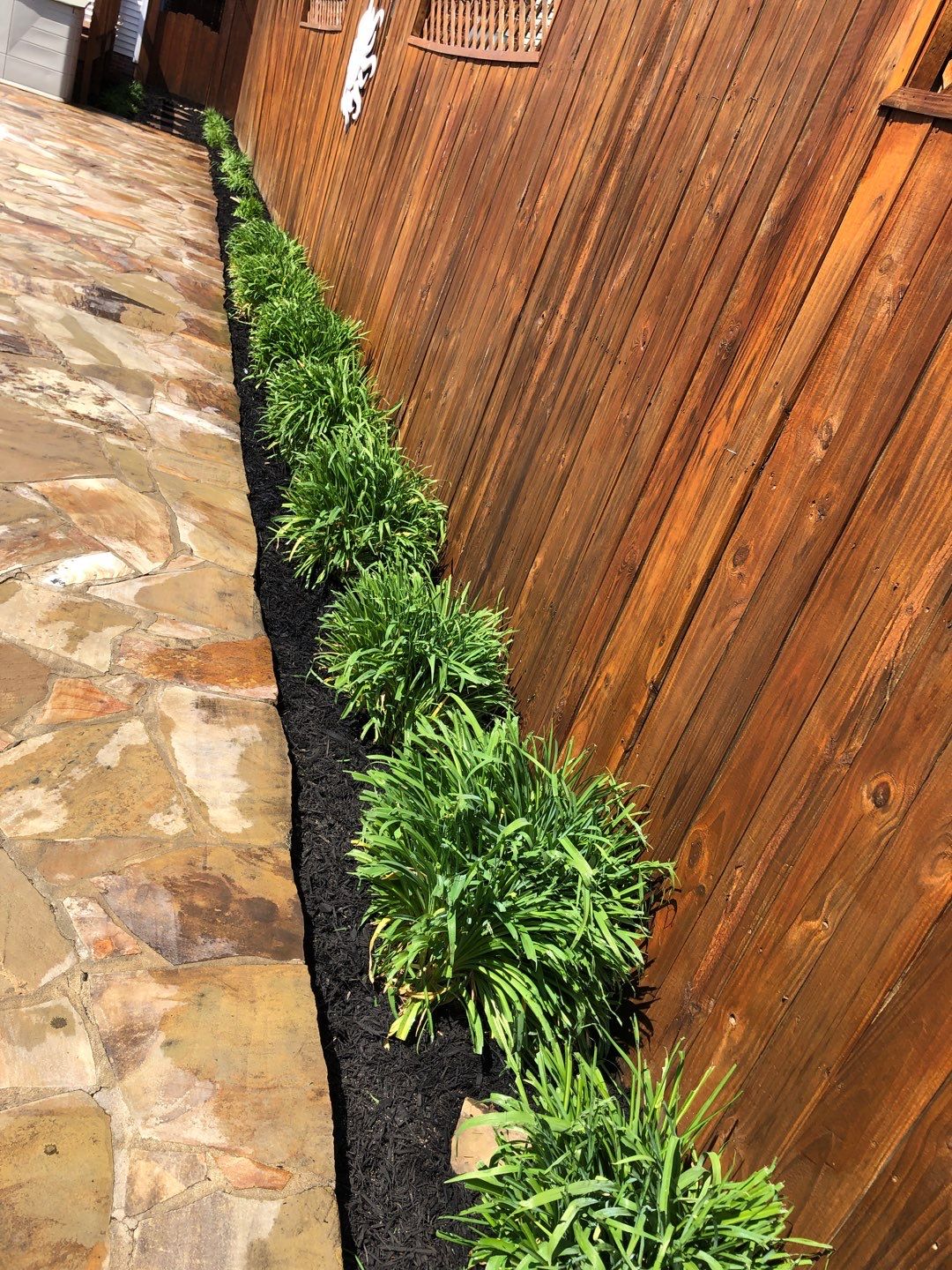 Liriope grasses, mulch and stone pavers by GrassBusters, Inc.