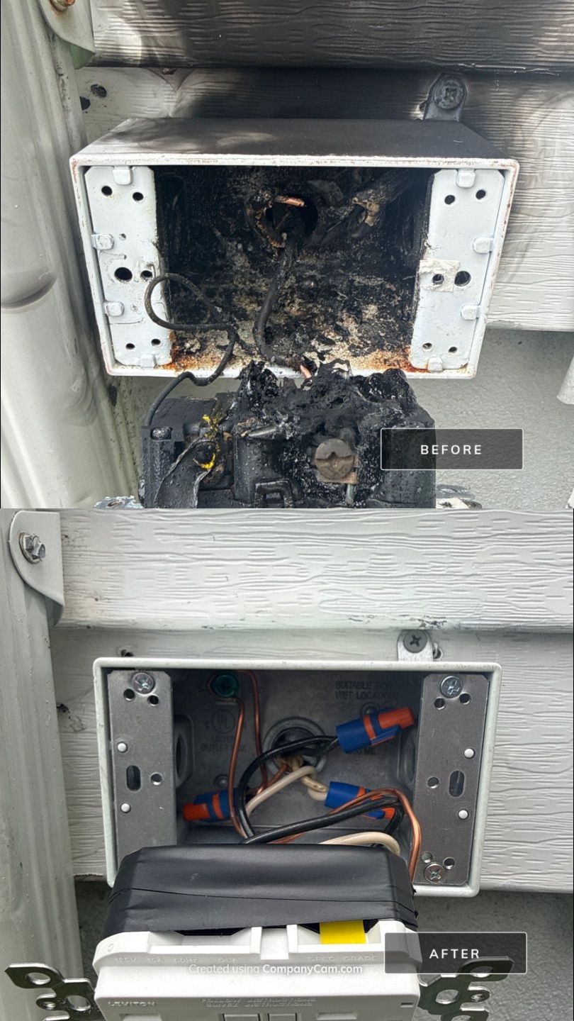 Fire-damaged exterior outlet repair by Spartan Home Pros