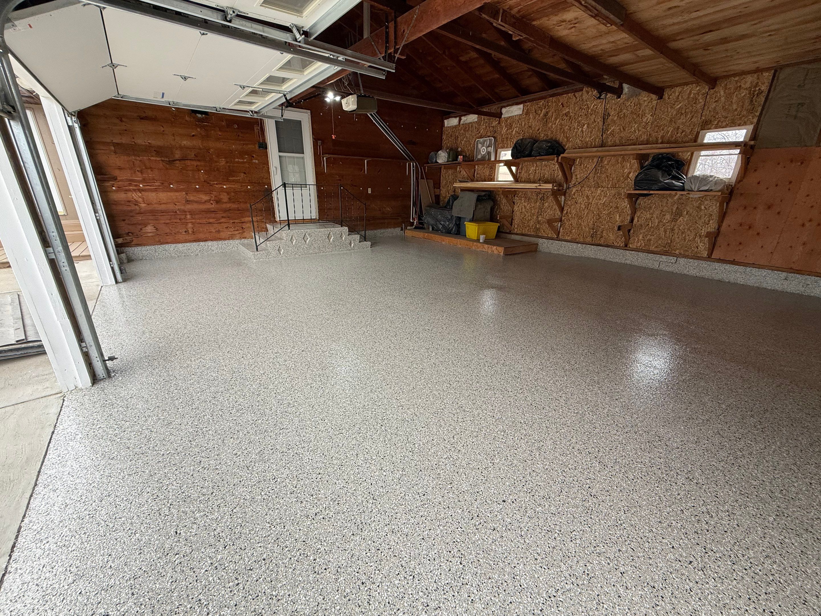 Multi-Colored Epoxy Garage Floor Coating and Concrete Stair Restoration by Select Painting, Coatings & Garage Cabinets
