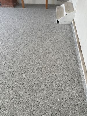 Polyurea Garage Floor Coating with Cabin Fever Decorative Chips in Cambria