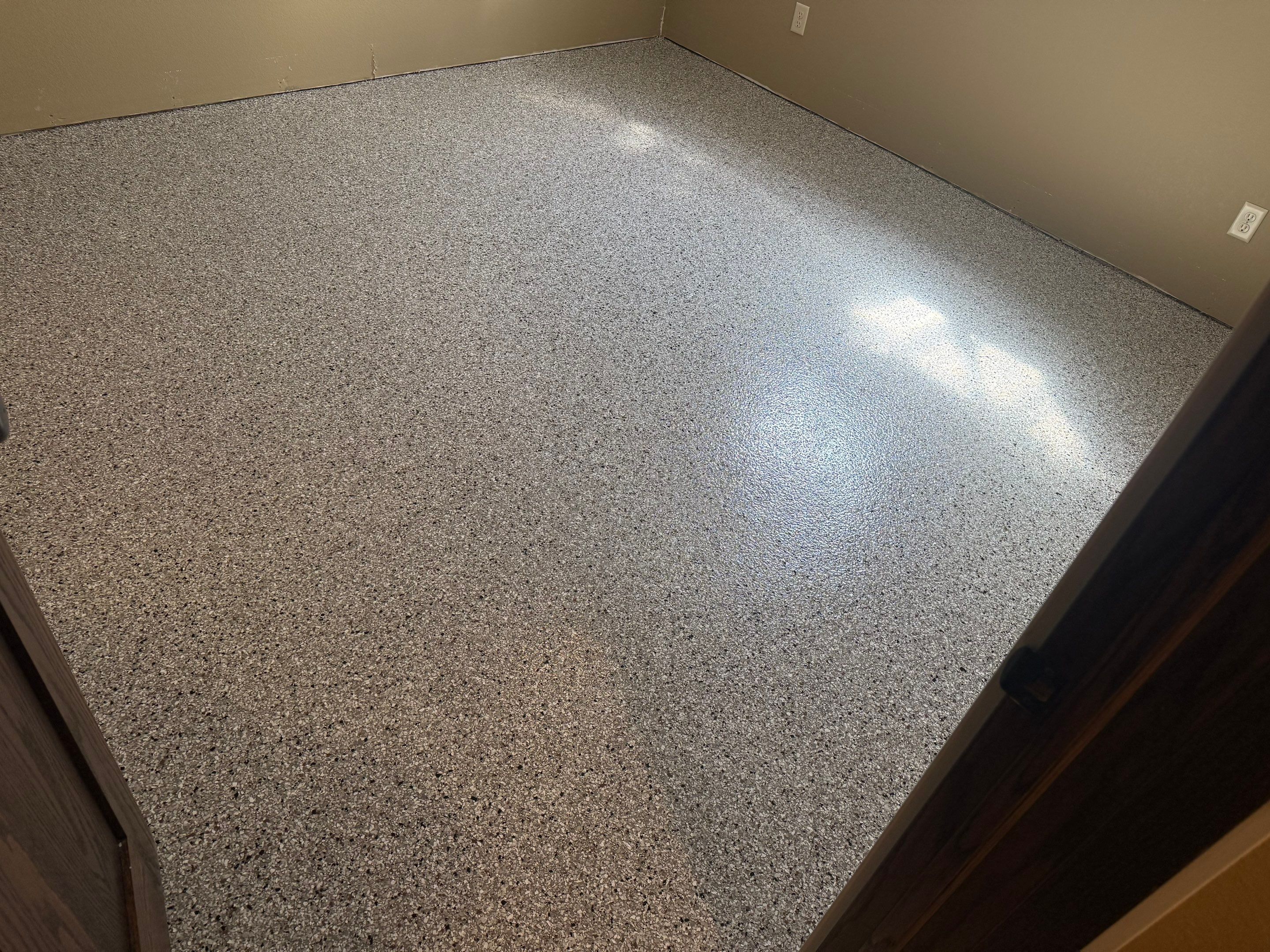 Decorative Flake Concrete Floor Coating for Larchwood Basement by Select Painting, Coatings & Garage Cabinets
