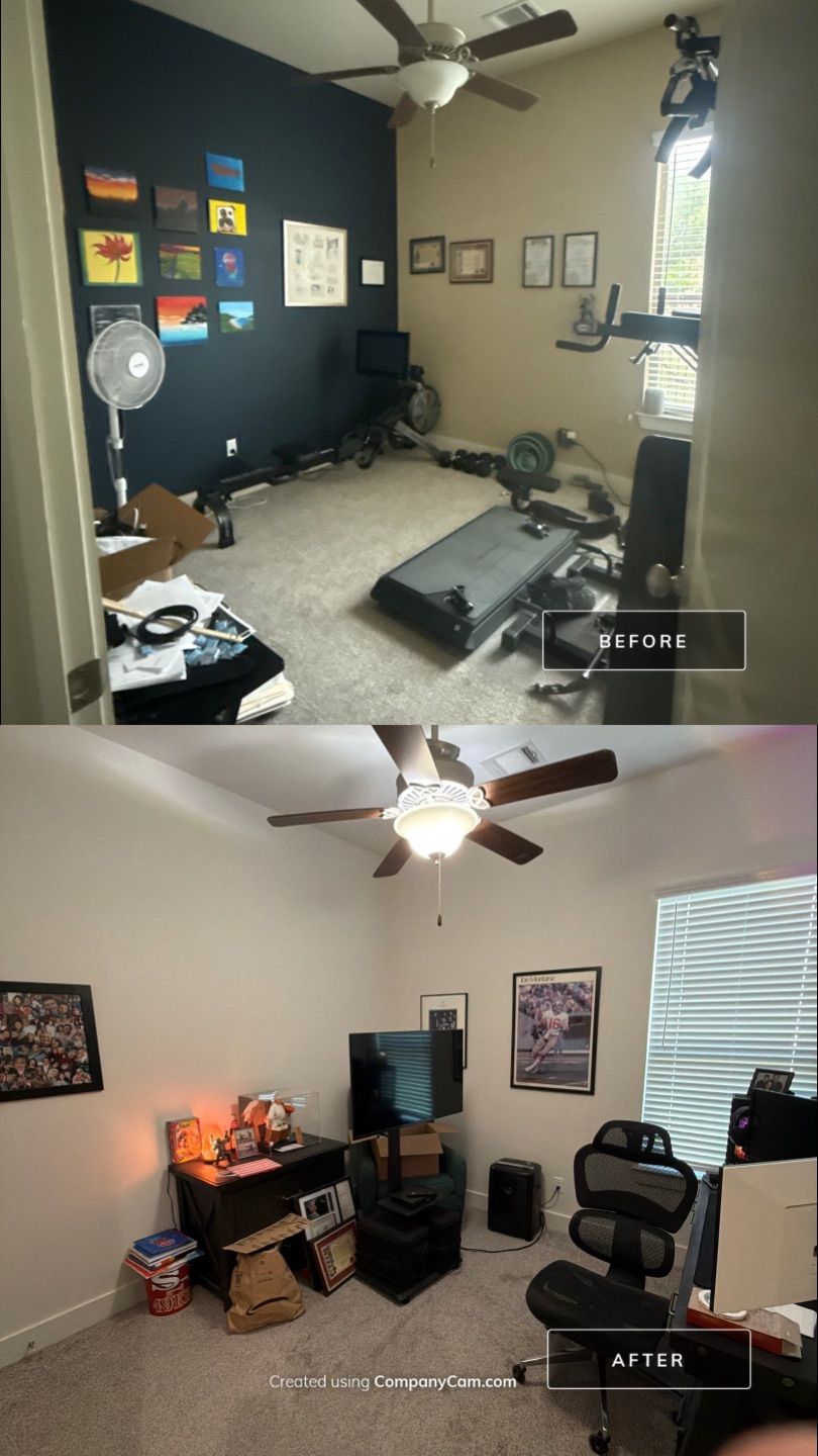 Before and after photo of an exercise room repainted by Hill Country Painting in Liberty Hill, TX