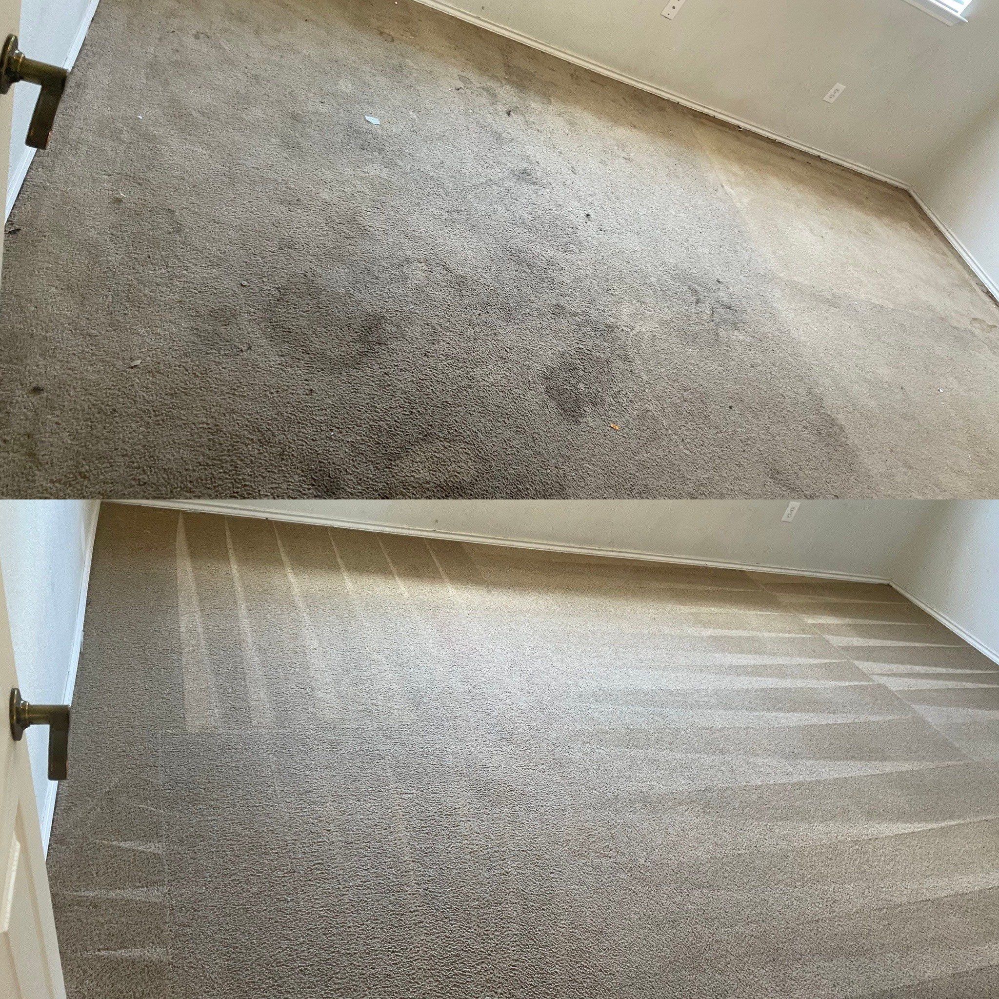 carpet cleaning service transforming dirty stained carpet to clean refreshed condition in an empty room in san antonio