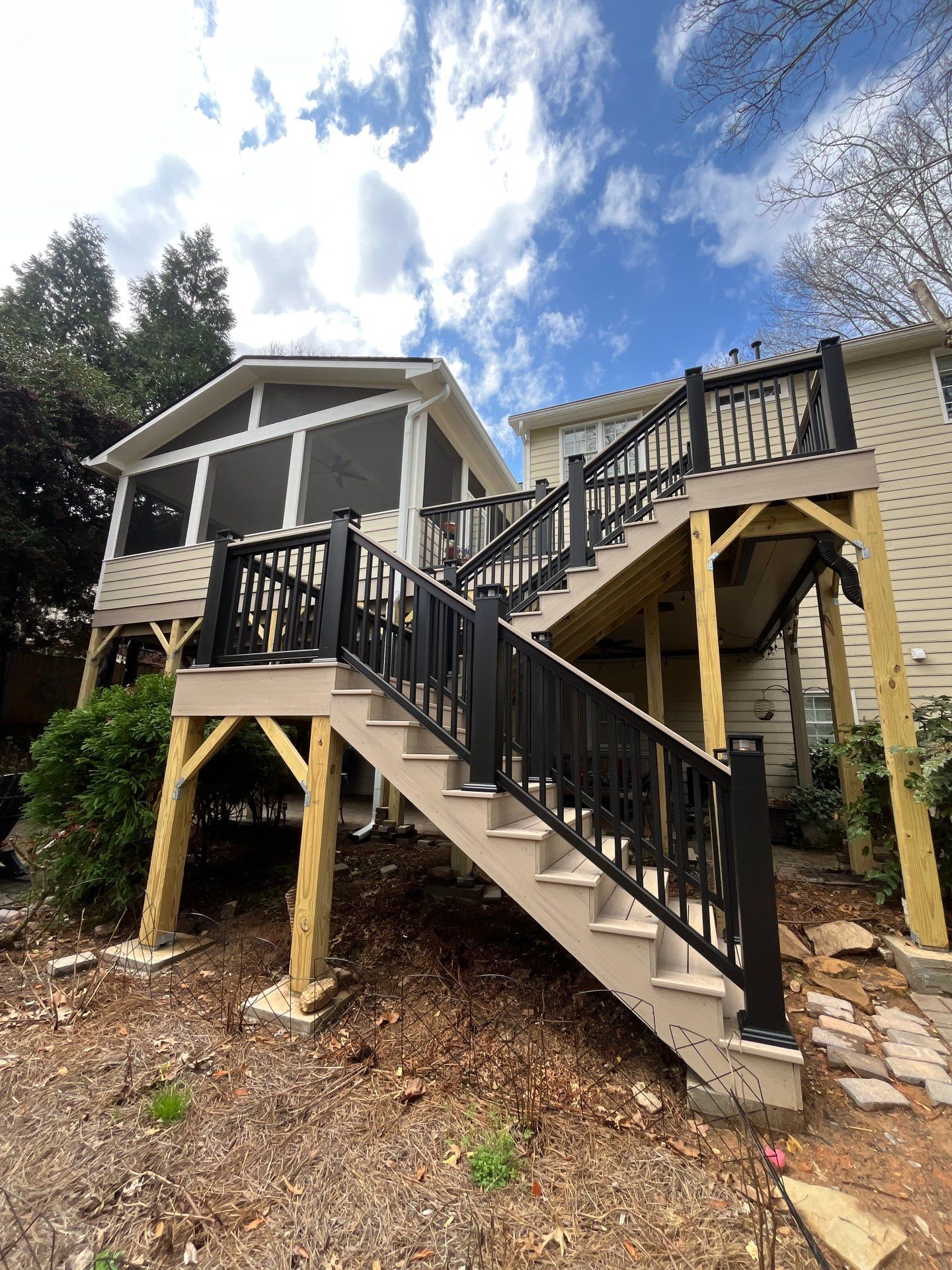 Deck Resurface and Screened-In Porch Build with Timbertech LED Lantern Post Cap Lights by Nelson Exteriors