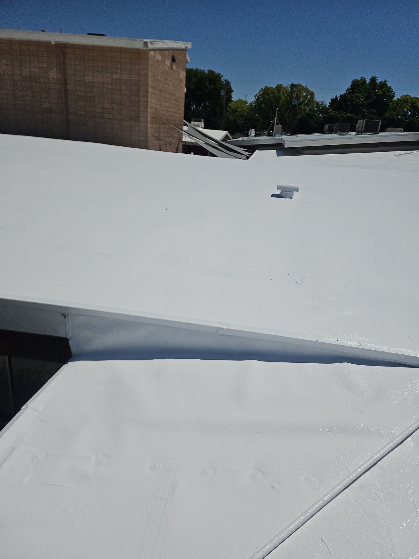 Single-ply restoration system using Benchmark/PUMA XL coatings over TPO single-ply roofing by Straight Edge Roofing Inc