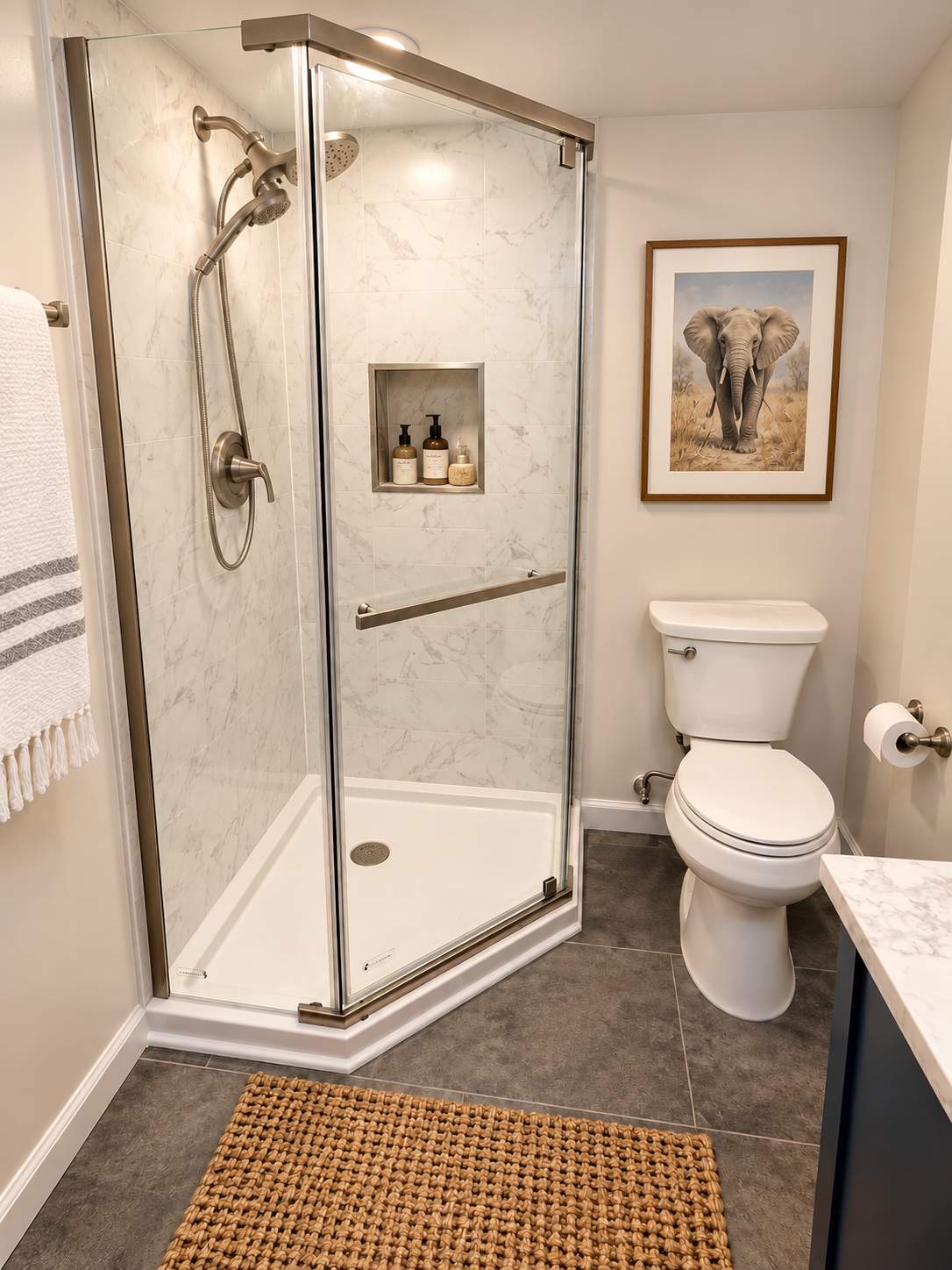 Modern Bathroom Remodel with Custom Corner Shower & Navy Vanity by Remodel Now