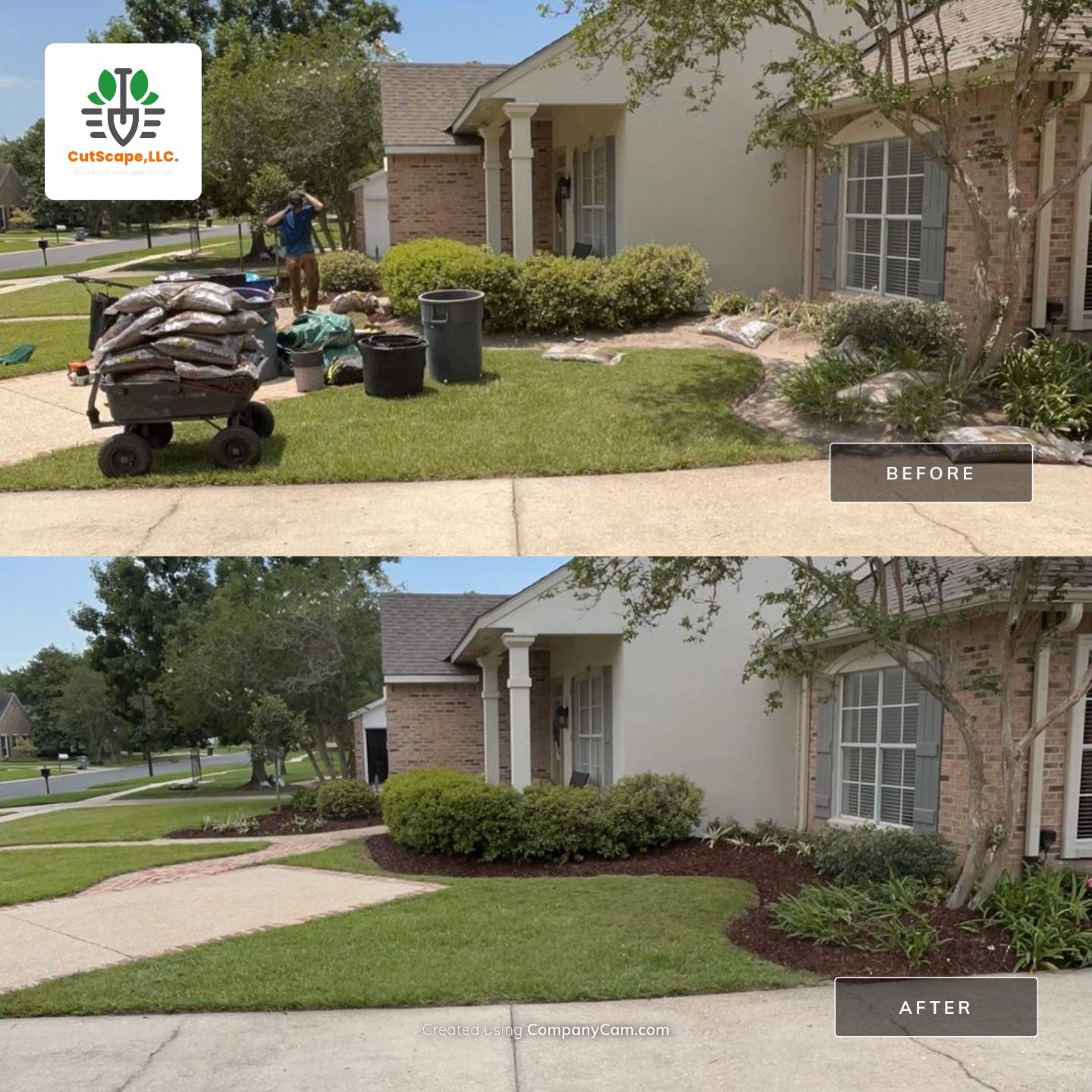 DEMO / BED PREP / CUT IN BED EDGES / MULCH INSTALL using BROWN MULCH "BARK BRITE" & ROAD ROCK by CutScape, LLC.