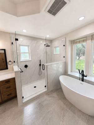 New Braunfels Bathroom Remodel with Freestanding Tub and Expanded Walk-In Shower