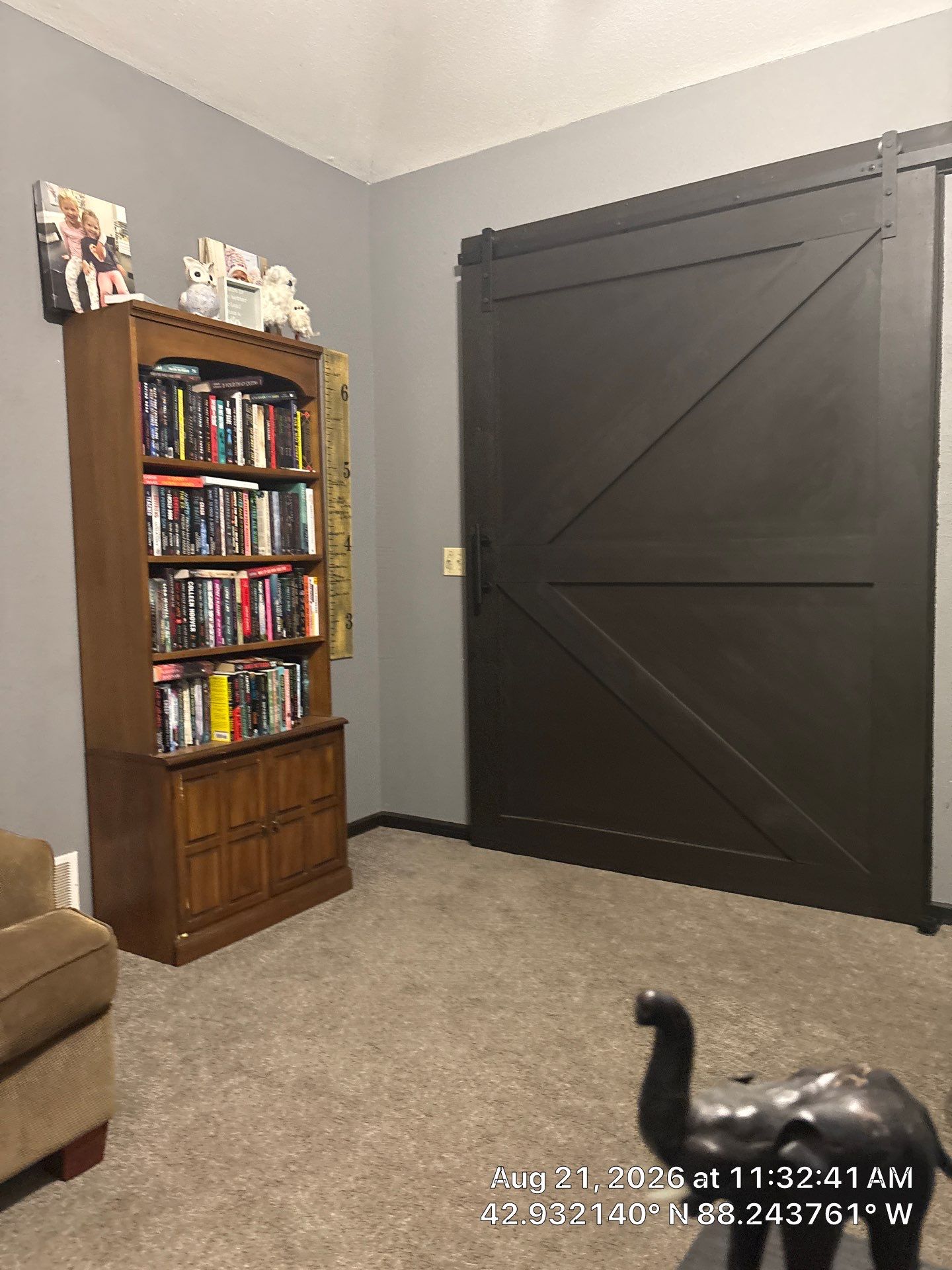 Dark Sliding Barn Door and Caged Light Ceiling Fan Installation in Waukesha by CompanyCam Sales Demo