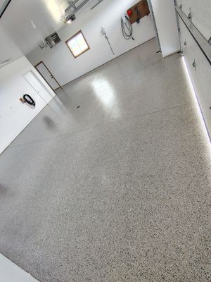 Gray and White Speckled Epoxy Garage Floor Coating in Tea