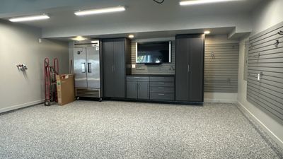 David M. took his garage up a notch with Brand new cabinets and an amazing floor