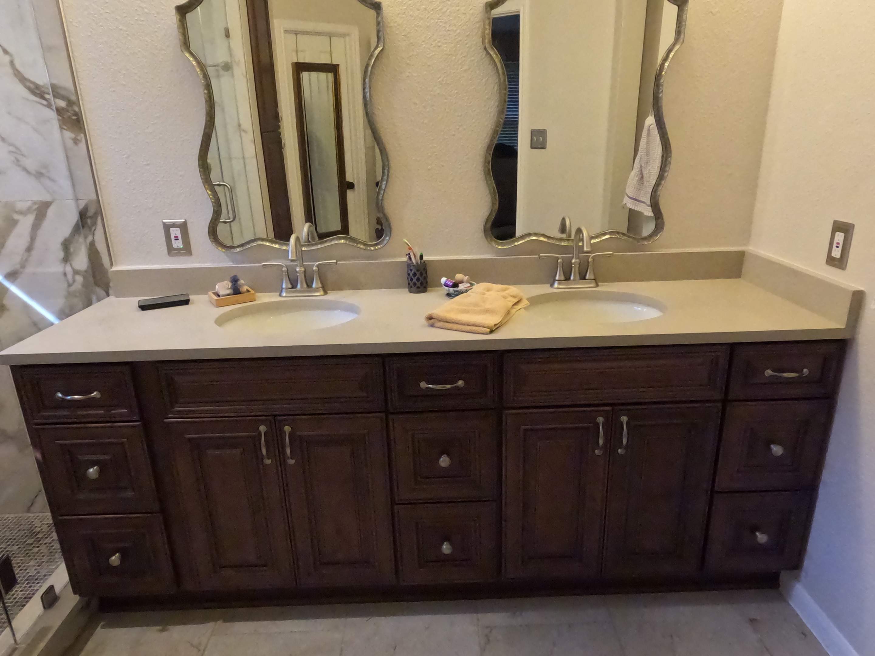 Master Bathroom Renovation Featuring Marble-Look Tile and Quartz Countertops by Mena stone surfaces