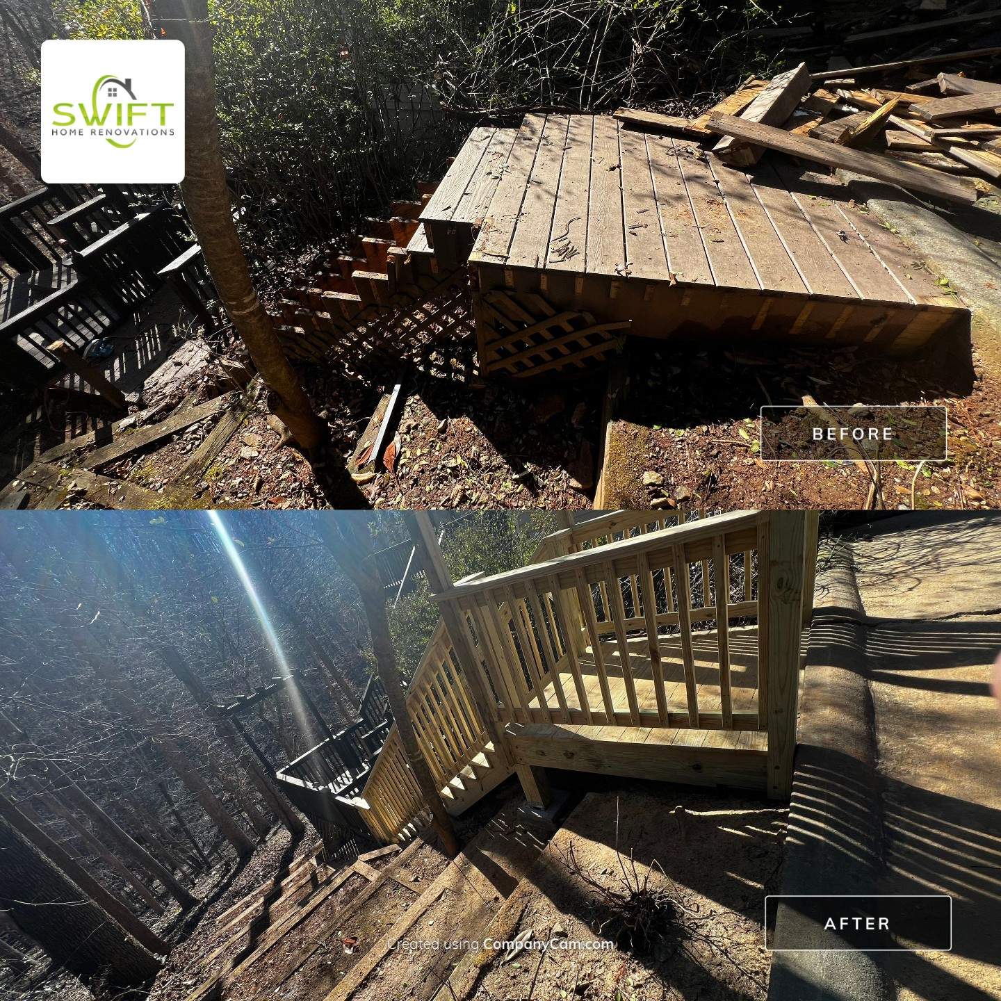 Custom Wooden Hillside Stairway Replacement with Pergola Landing in Canton by Swift Home Renovations