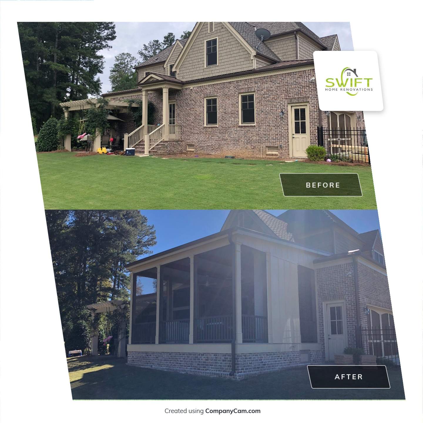 Custom Screened Porch Addition with White Brick Fireplace in Duluth by Swift Home Renovations