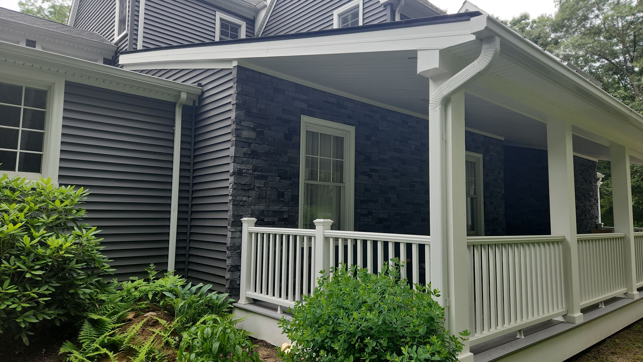 Siding refreshed with Cert. Monogram D/4 x 12'6" clapboard, Smoky Gray and Stone Facade, Coastal Gray by DiGiorgi Roofing and Siding Inc