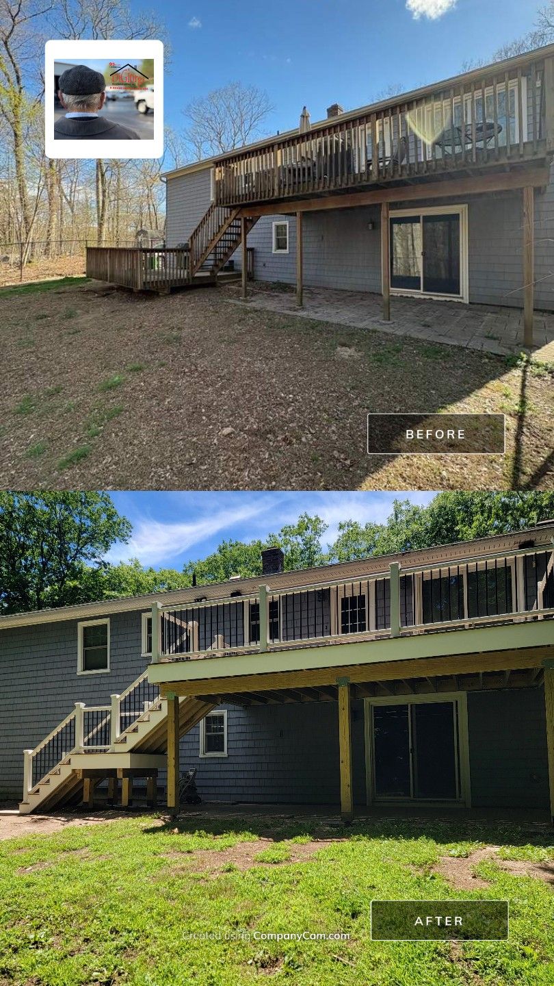 Deck replacement using trex tropical Havana Gold and transcend white railings by DiGiorgi Roofing and Siding Inc