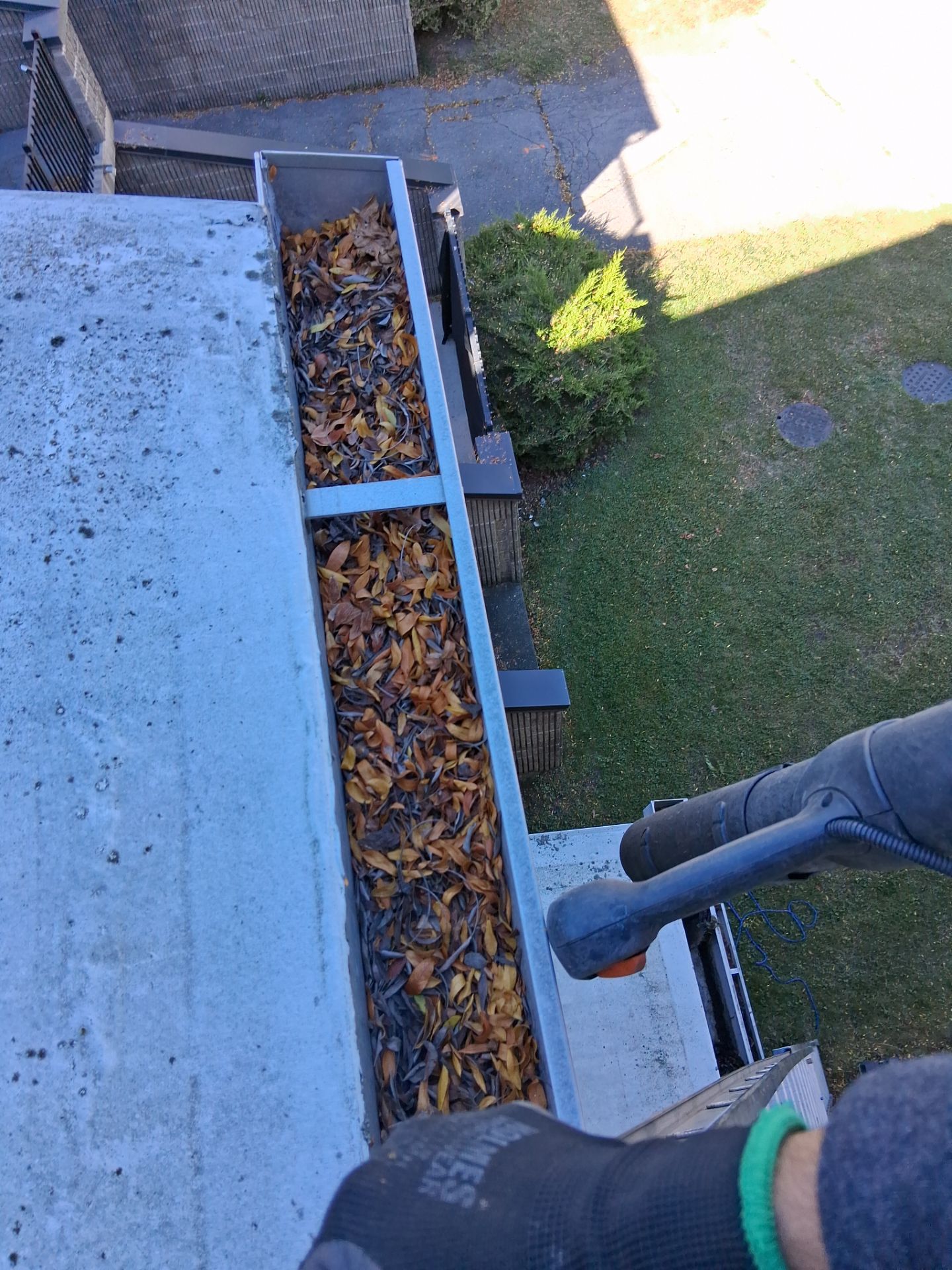 Commercial gutter cleaning Buffalo & Rochester before photo with filled gutters