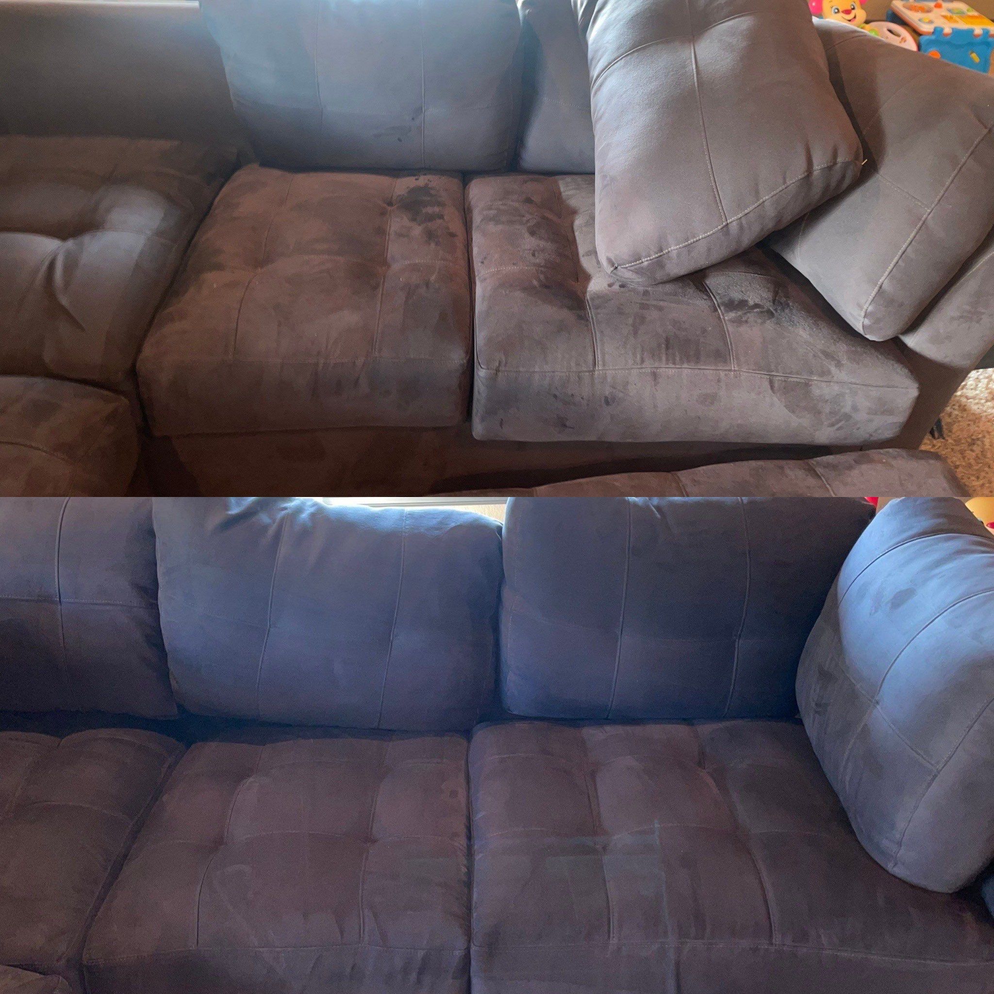 upholstery cleaning on a couch before and after dirt removal and fabric restoration