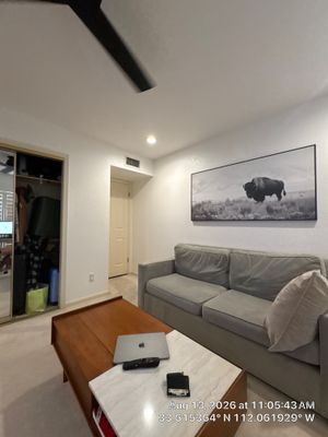 Phoenix Home Office Setup with Plantation Shutters and Media Wall