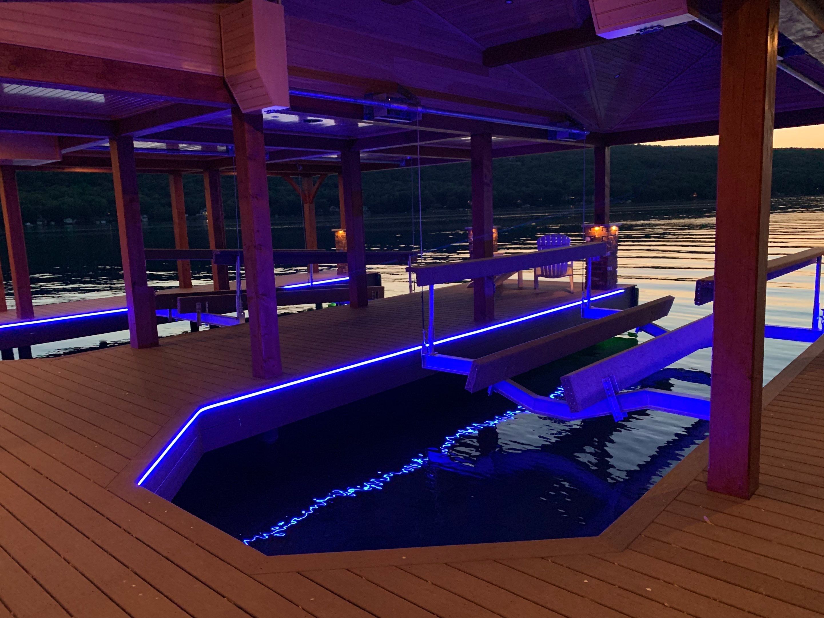Custom Timber-Framed Boat Dock with Multi-Color LED Lighting on Keuka Lake, New York by Outdoor Lights + Shades