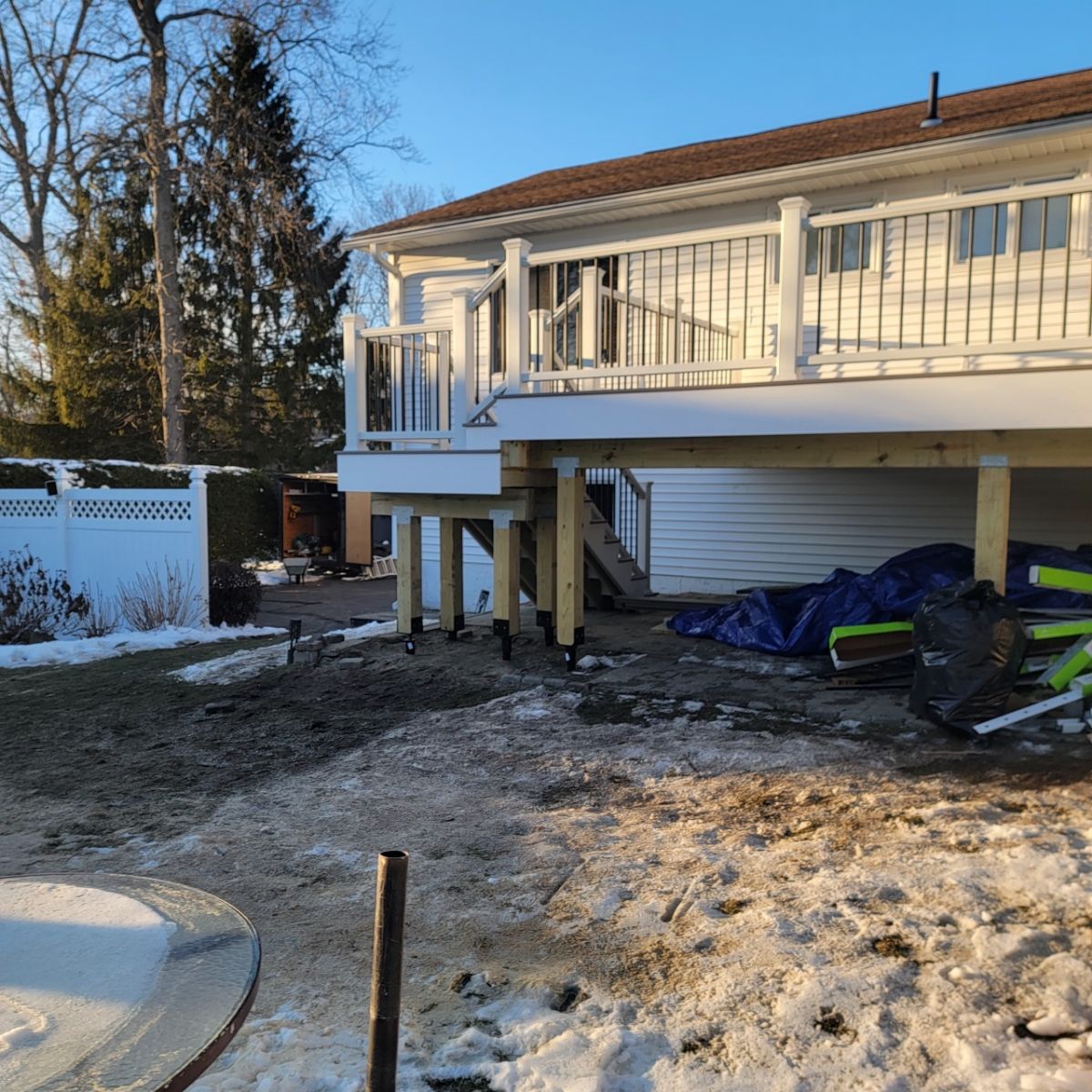 New Deck, Trex Biscayne deck boards, composite railings with black round balusters by DiGiorgi Roofing and Siding Inc