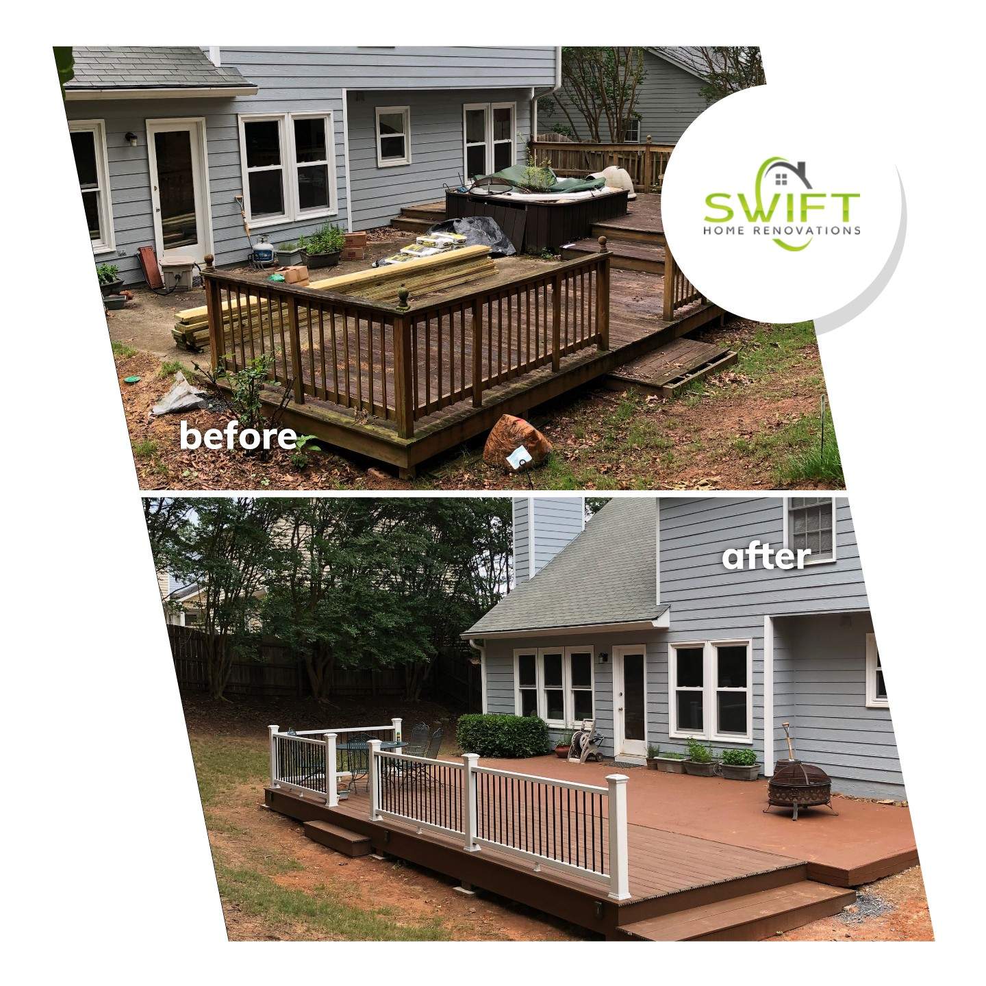 Composite Deck Replacement with White Railings in Duluth by Swift Home Renovations