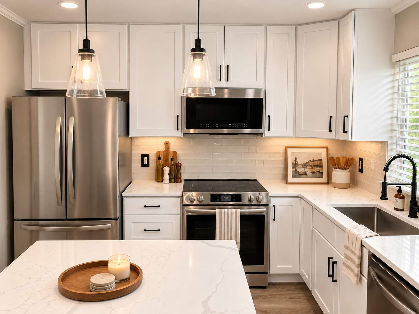 Modern Kitchen Remodel with White Shaker Cabinets, Quartz Countertops & Stainless Appliances by Remodel Now