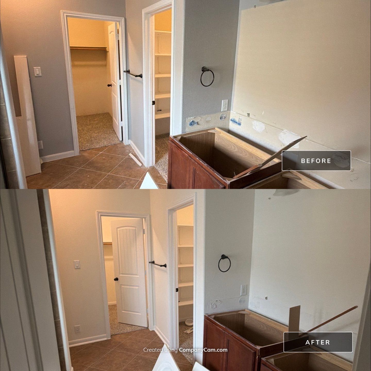 Before and after photo of a hallway repainted by Hill Country Painting in Dripping Springs, TX