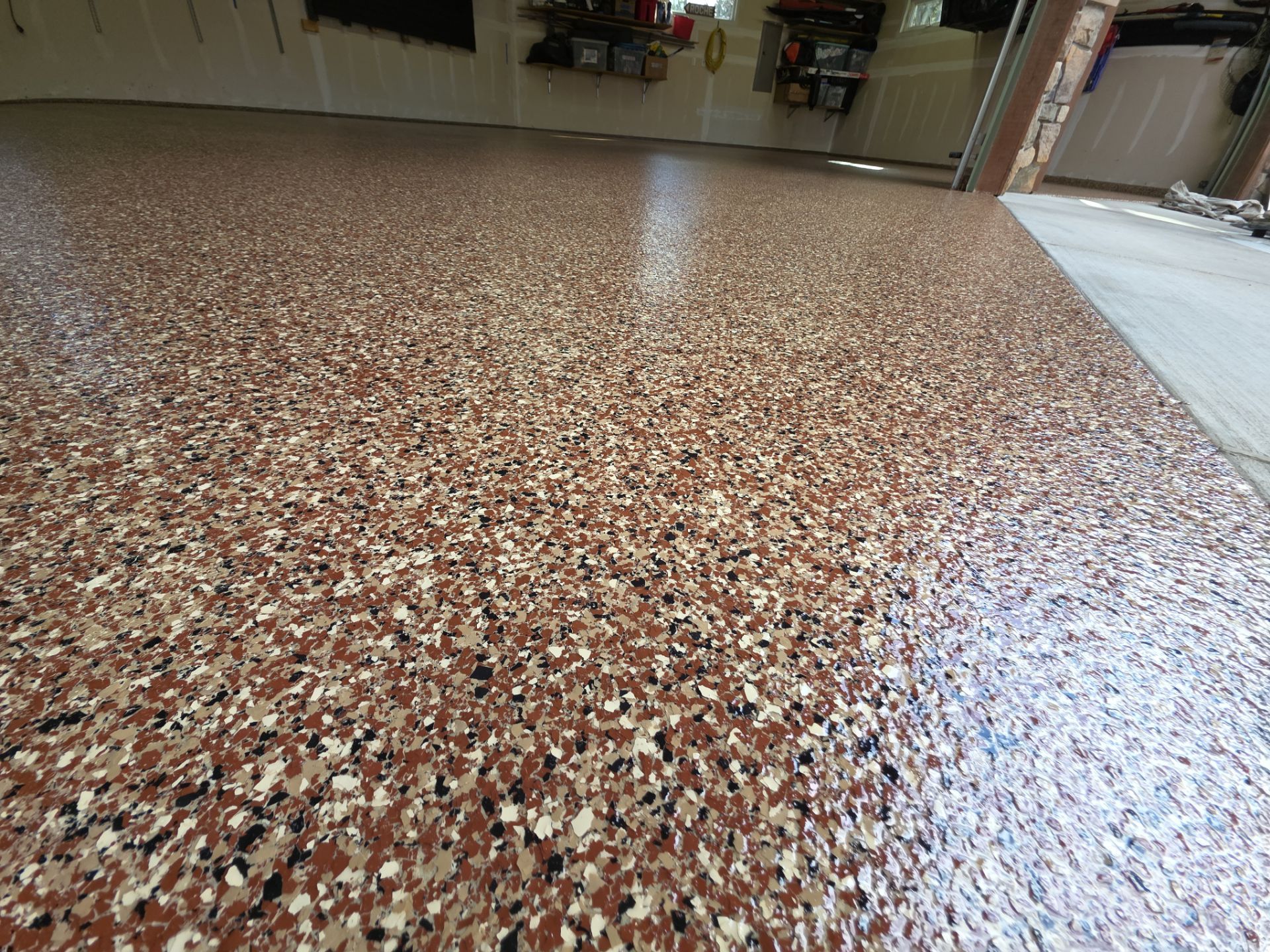 Chestnut Flake Garage Floor Transformation in Coeur d'Alene by Croc Coatings, LLC