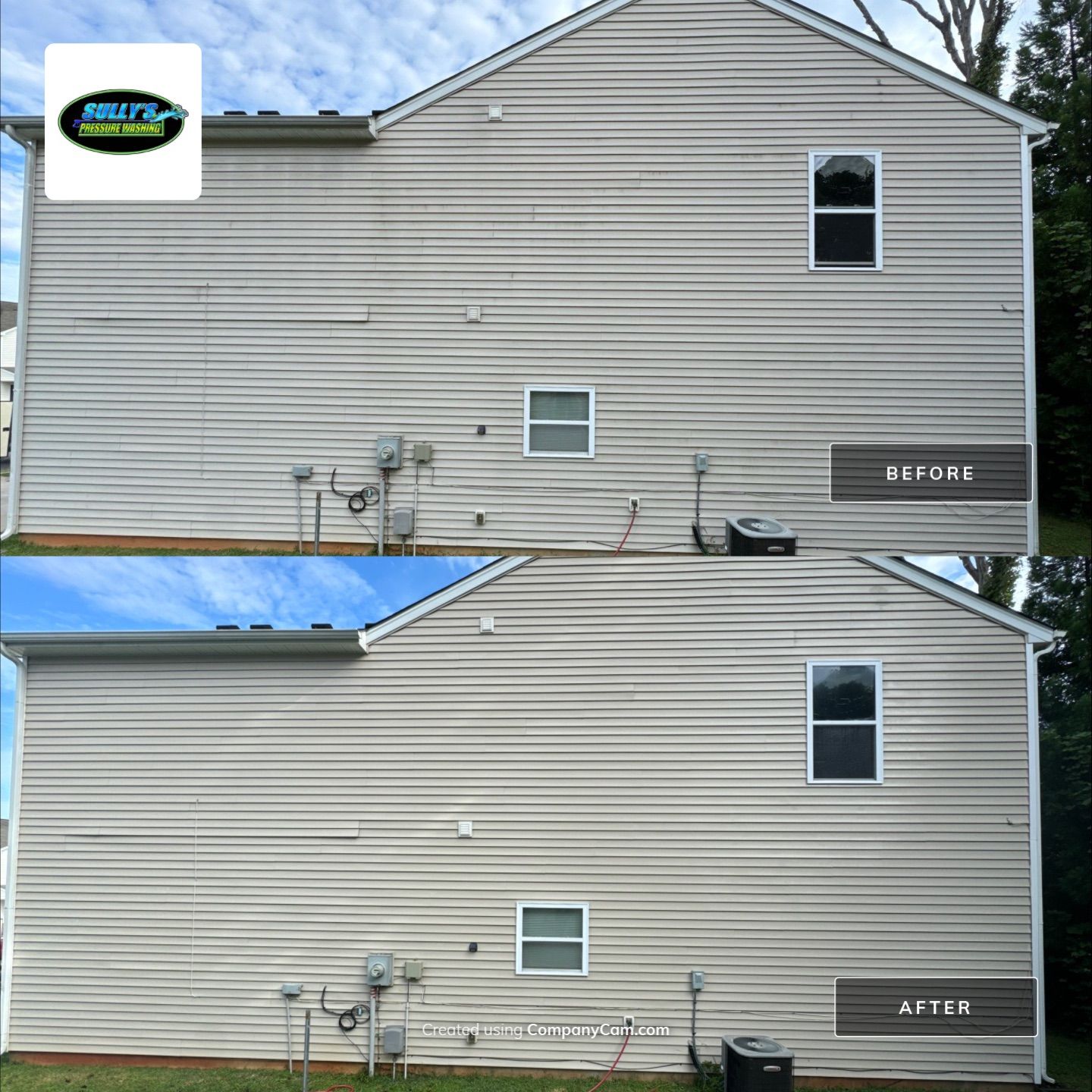 the service shown is pressure washing the exterior siding of a house removing dirt and grime for a clean appearance