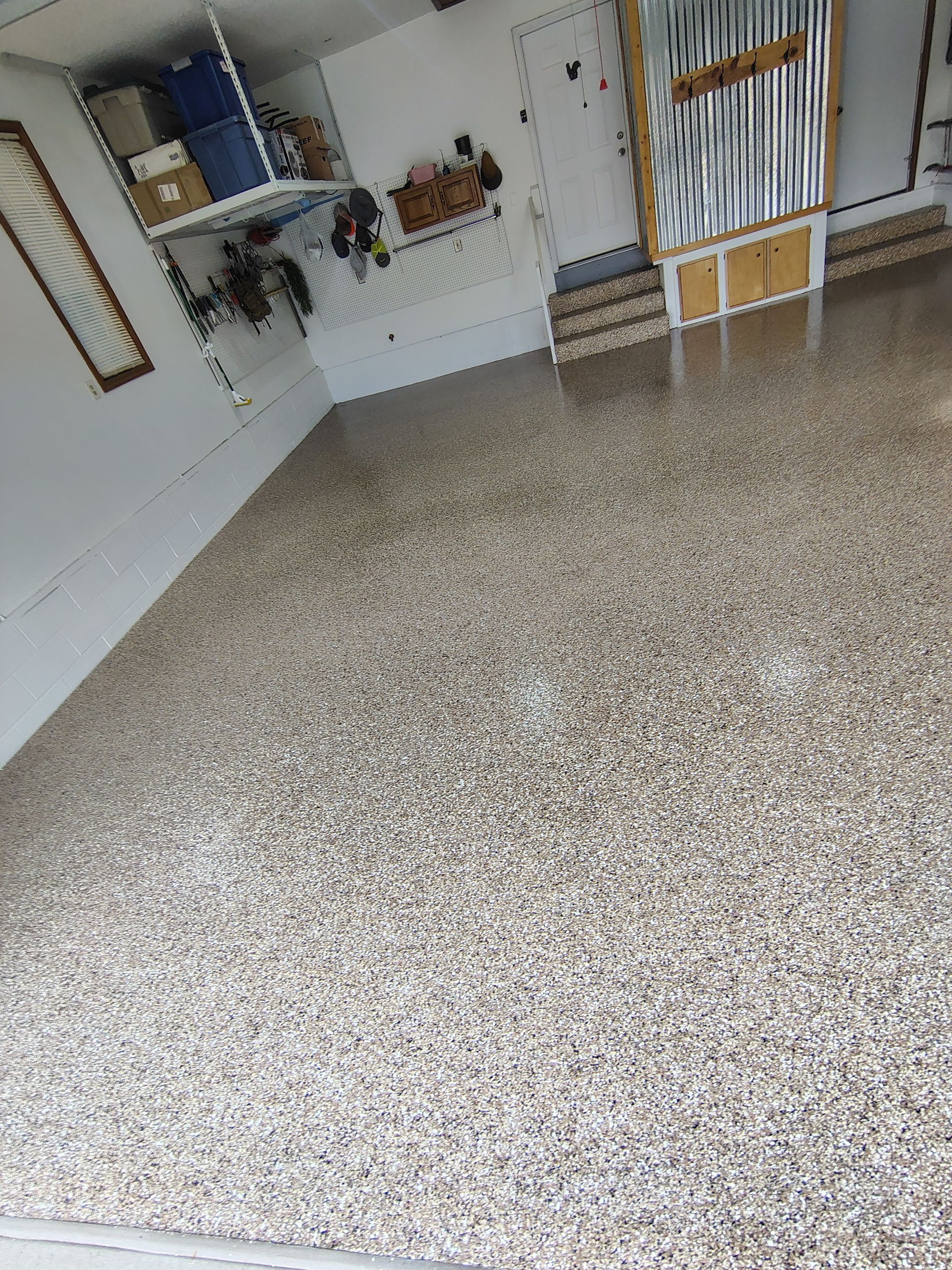 Multi-Colored Flake Epoxy Garage Floor Coating and Crack Repair by Select Painting, Coatings & Garage Cabinets