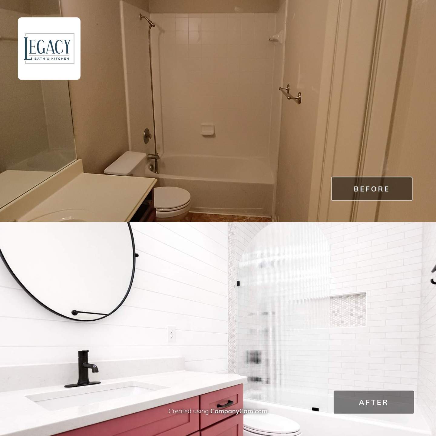 Stone Oak Hall Bathroom Remodel with Pink Vanity and Curved Shower Glass by Legacy Bath and Kitchen