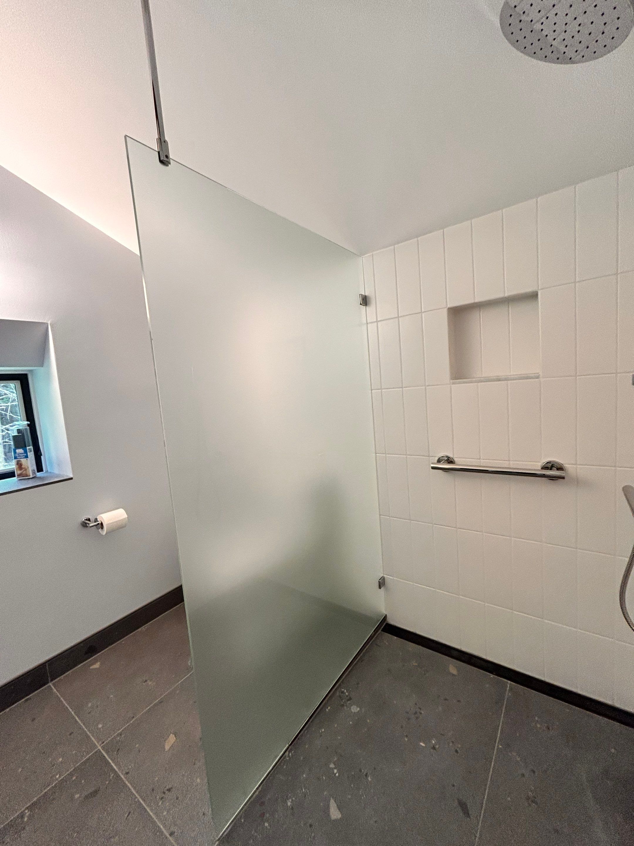 Spray Panel using Acid Etched (Frosted) Tempered Shower Glass by Cheshire Glass Company