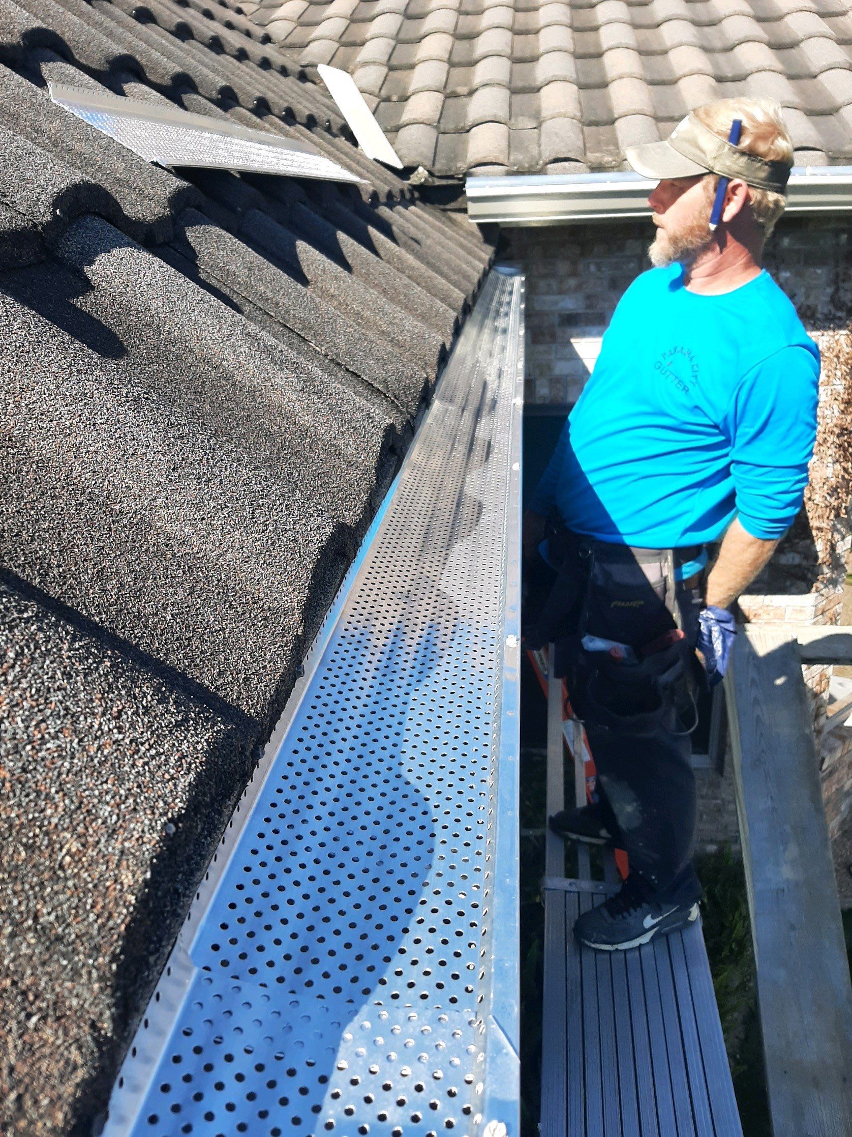 Seamless Gutter Installation with Wicker Color K-Style Gutters and LeafBlaster Pro Mesh Gutter Guards by Gutter Professors