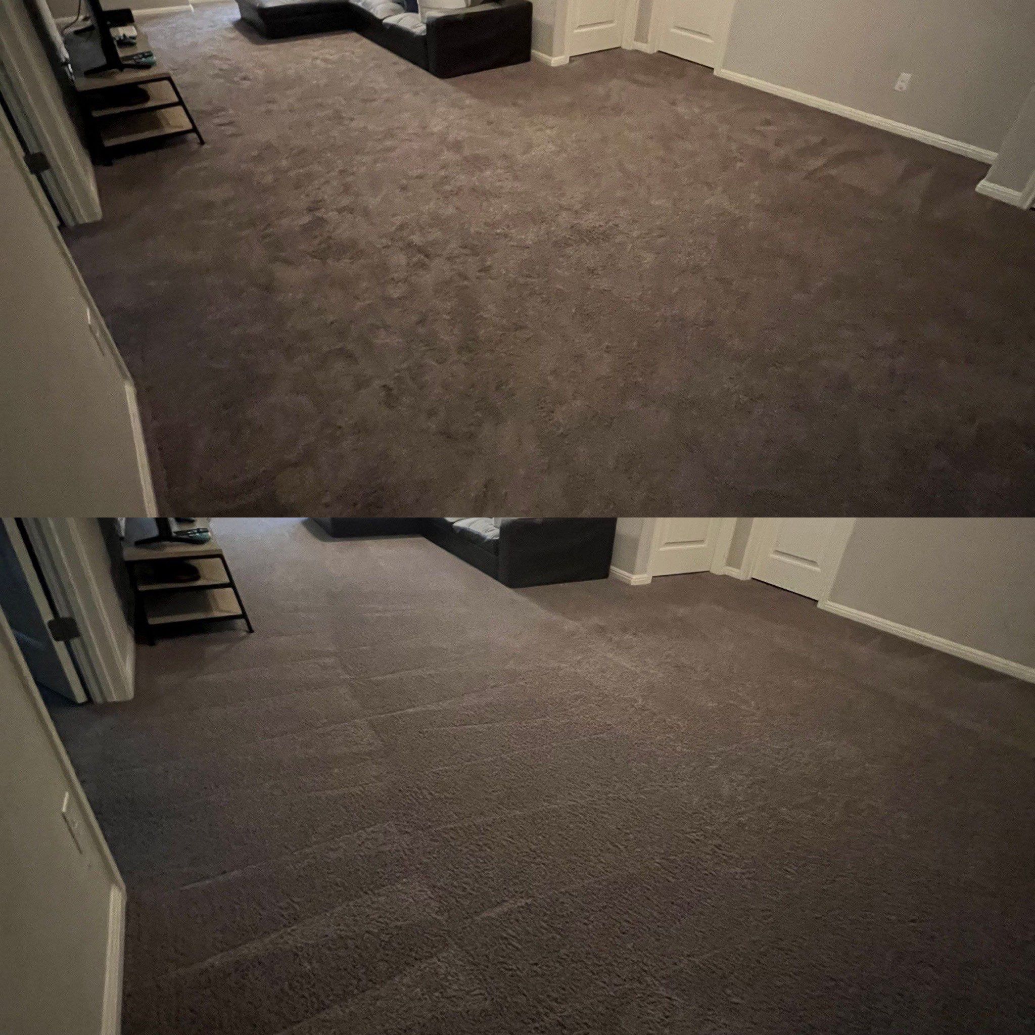 the service shown is carpet cleaning improving the appearance and cleanliness of the flooring in the room