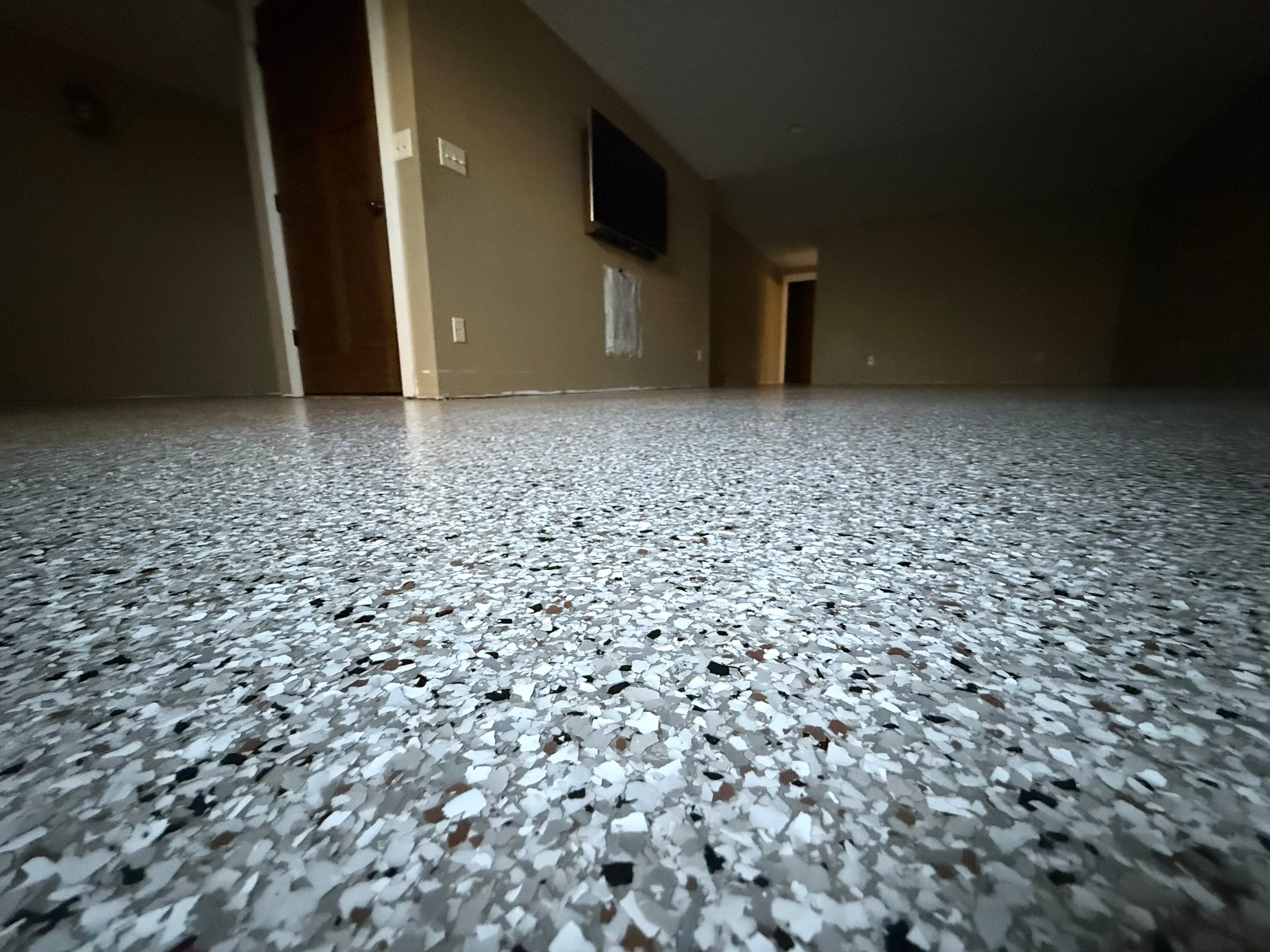 Decorative Flake Concrete Floor Coating for Larchwood Basement by Select Painting, Coatings & Garage Cabinets