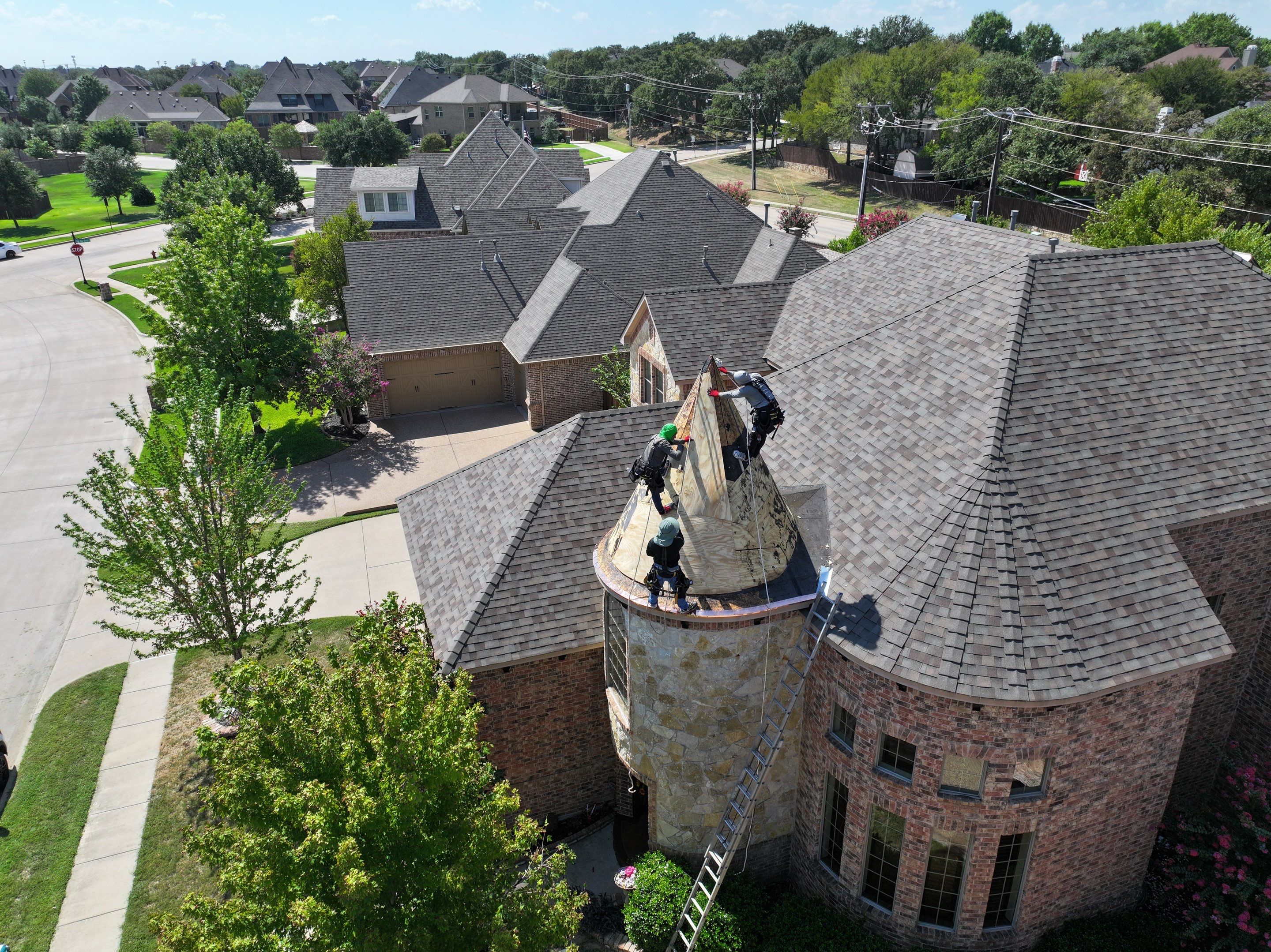 Installing Custom copper turret and Malarkey Vista Class 4 shingles Hail Damage Upgrade by Becker Roofing and Exteriors