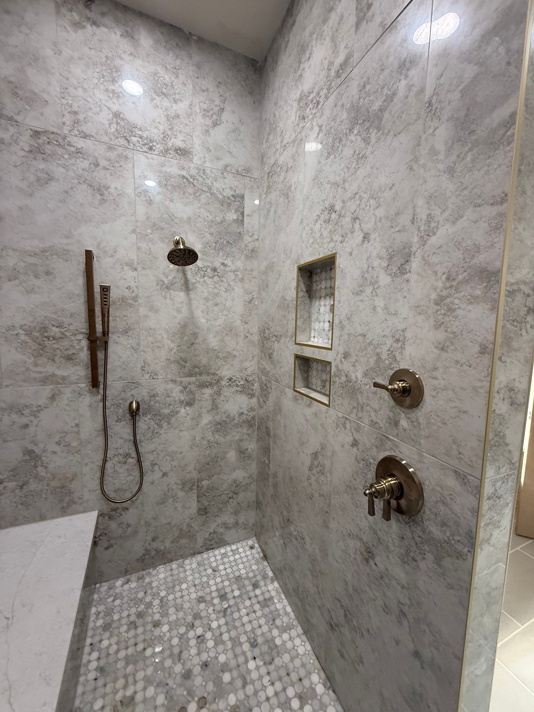 Garden Ridge Master Bathroom Remodel with Custom Walk-In Shower & Warm Green Vanity by Legacy Bath and Kitchen