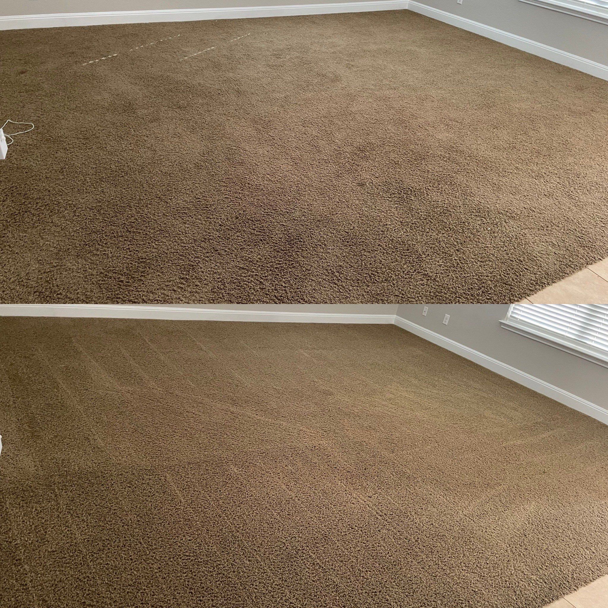 carpet cleaning service shown with before and after results on a tan carpet in a residential space