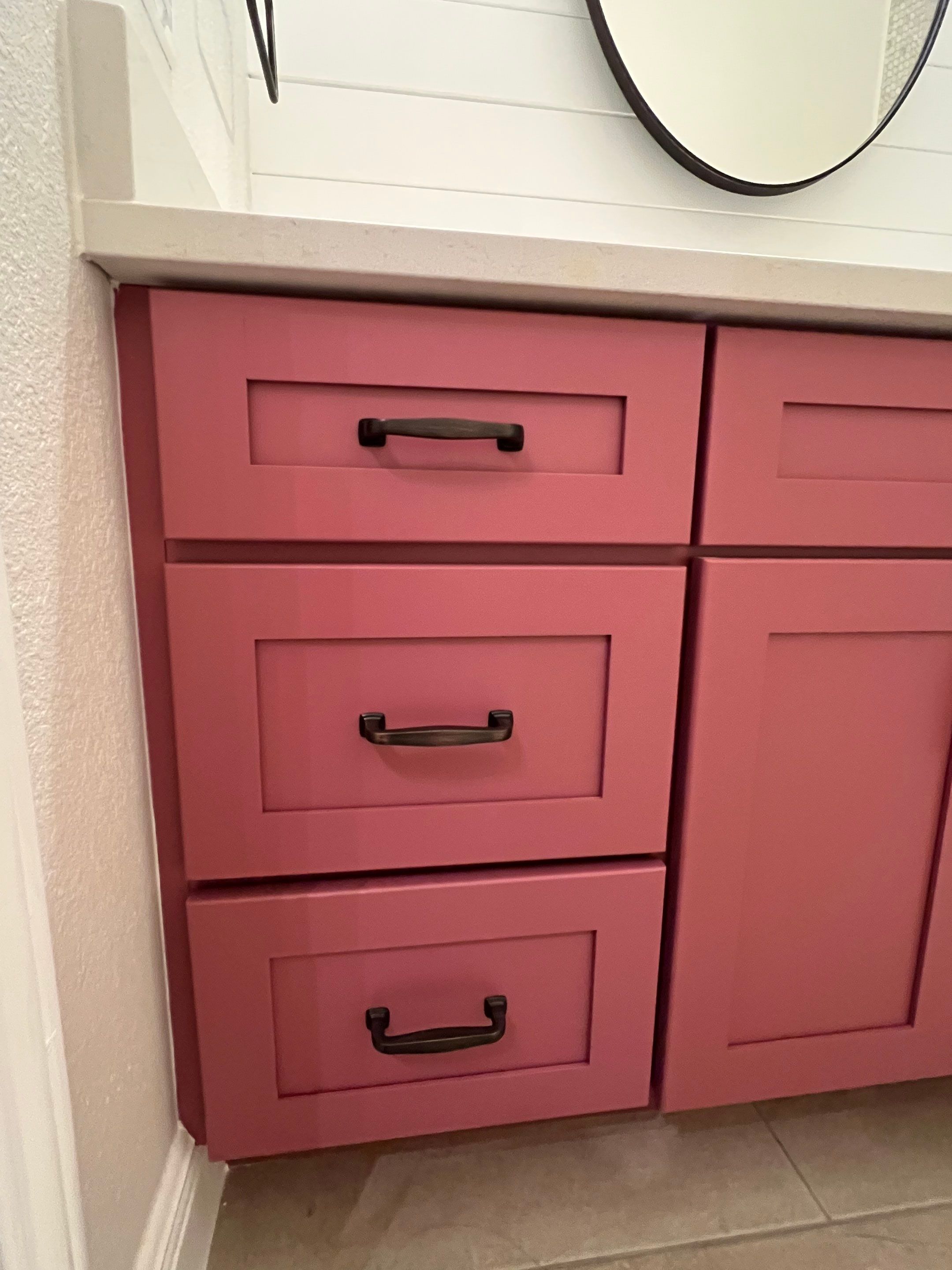 Stone Oak Hall Bathroom Remodel with Pink Vanity and Curved Shower Glass by Legacy Bath and Kitchen