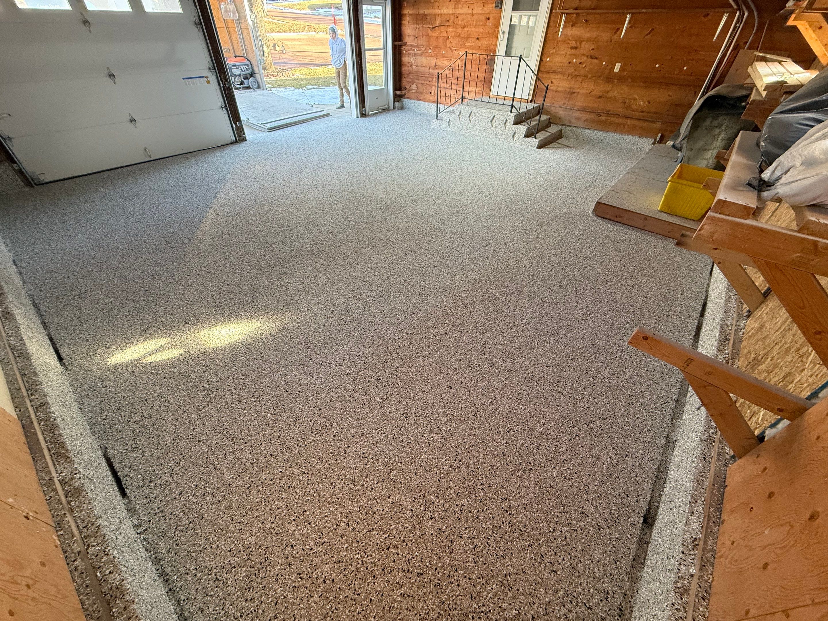 Multi-Colored Epoxy Garage Floor Coating and Concrete Stair Restoration by Select Painting, Coatings & Garage Cabinets