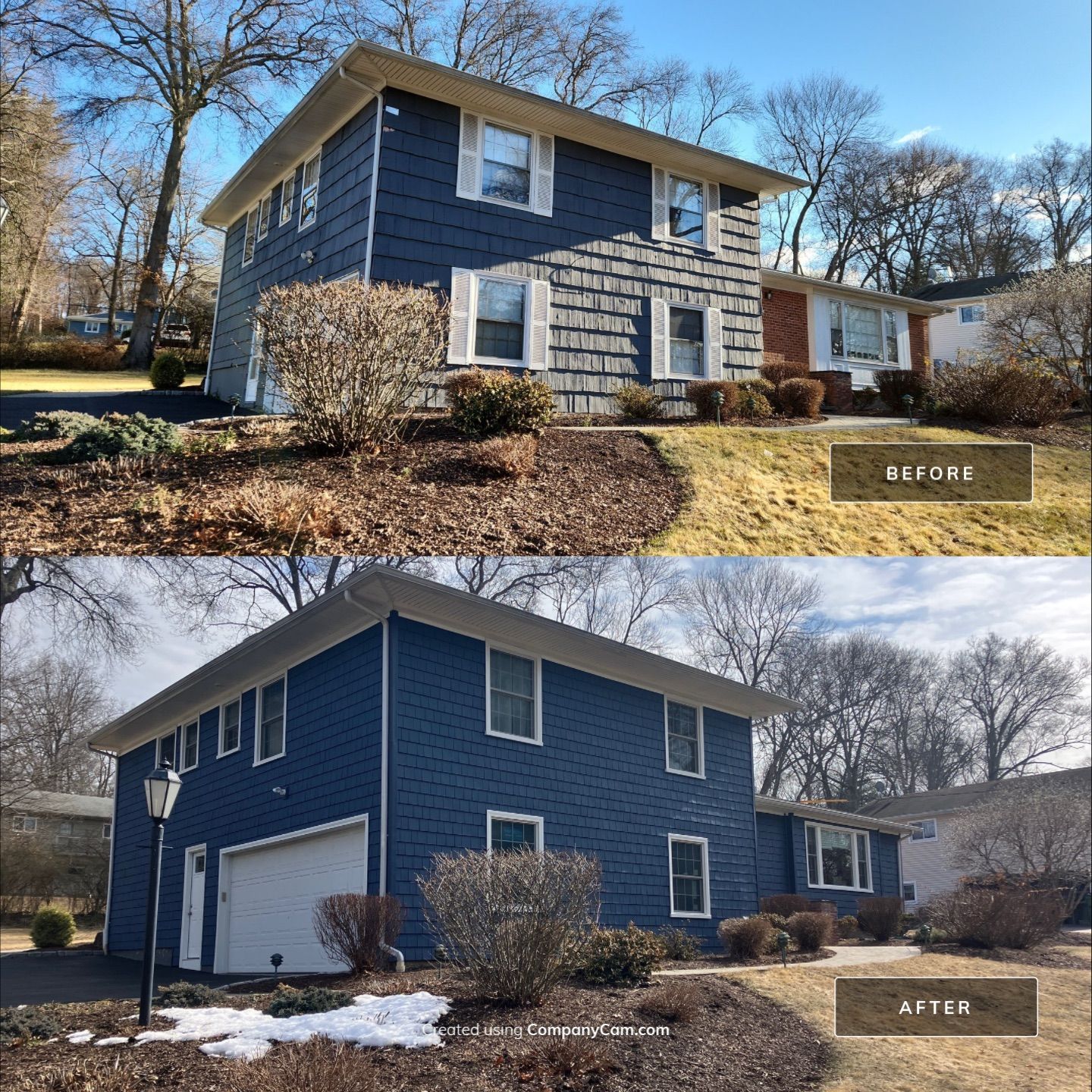 Elevated Siding with Cert Cedar Impressions D/7 Perfection straight bottom, Midnight Blue and Cert Monogram D/4 x 25' clapboard, Midnight Blue by DiGiorgi Roofing and Siding Inc