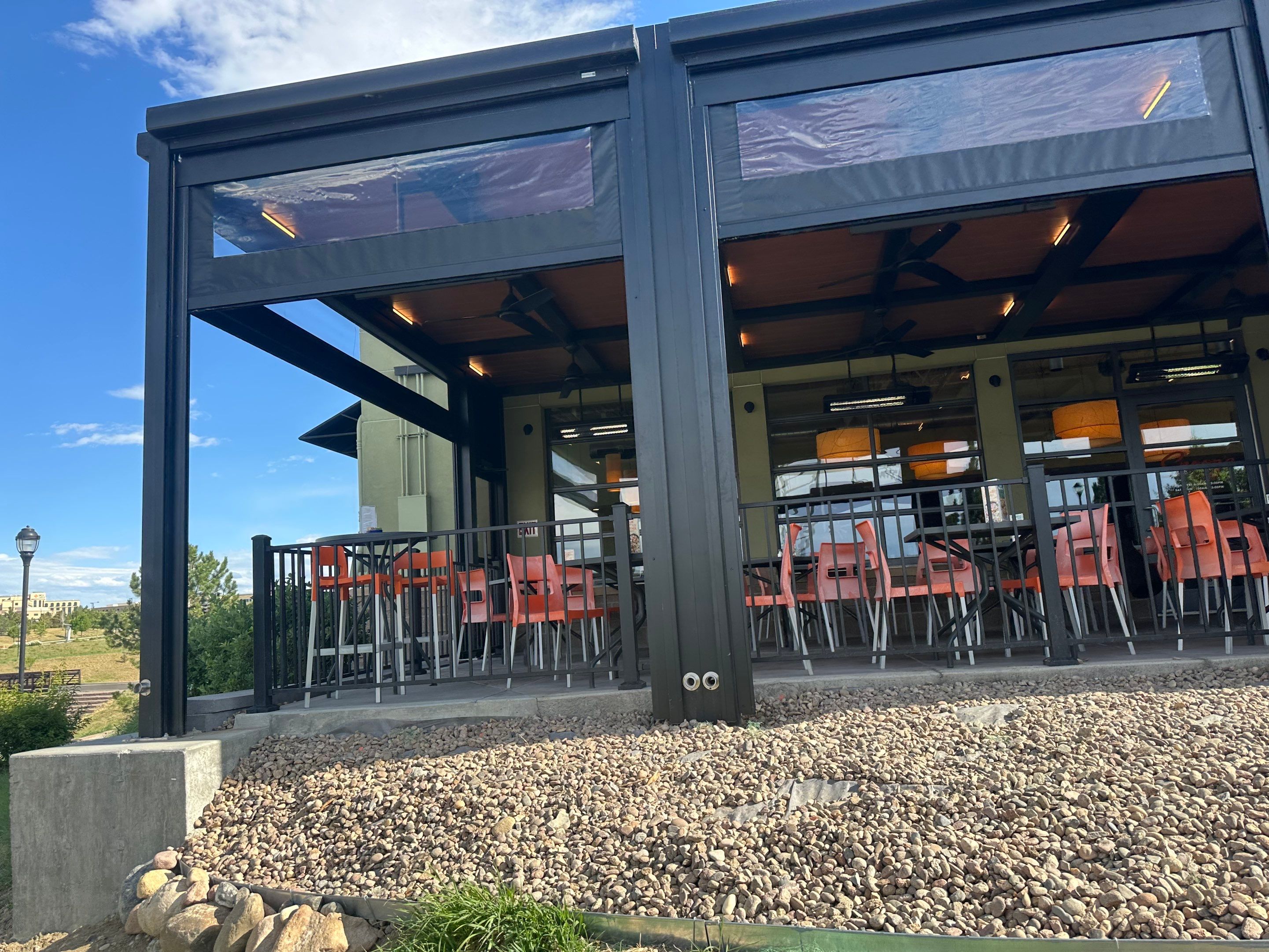 Commercial Azenco Pergola and MagnaTrack Screen Installation in Lone Tree by Outdoor Solutions Colorado