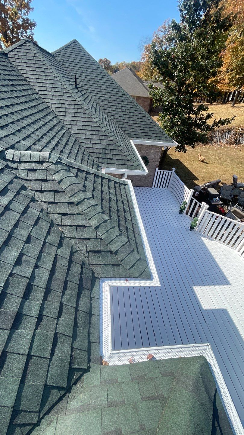 Residential Roofing Install - Green Atlas Pinnacle Pristine Shingles - White Gutters & Downspouts  by Titan Commercial & Residential Roofing 