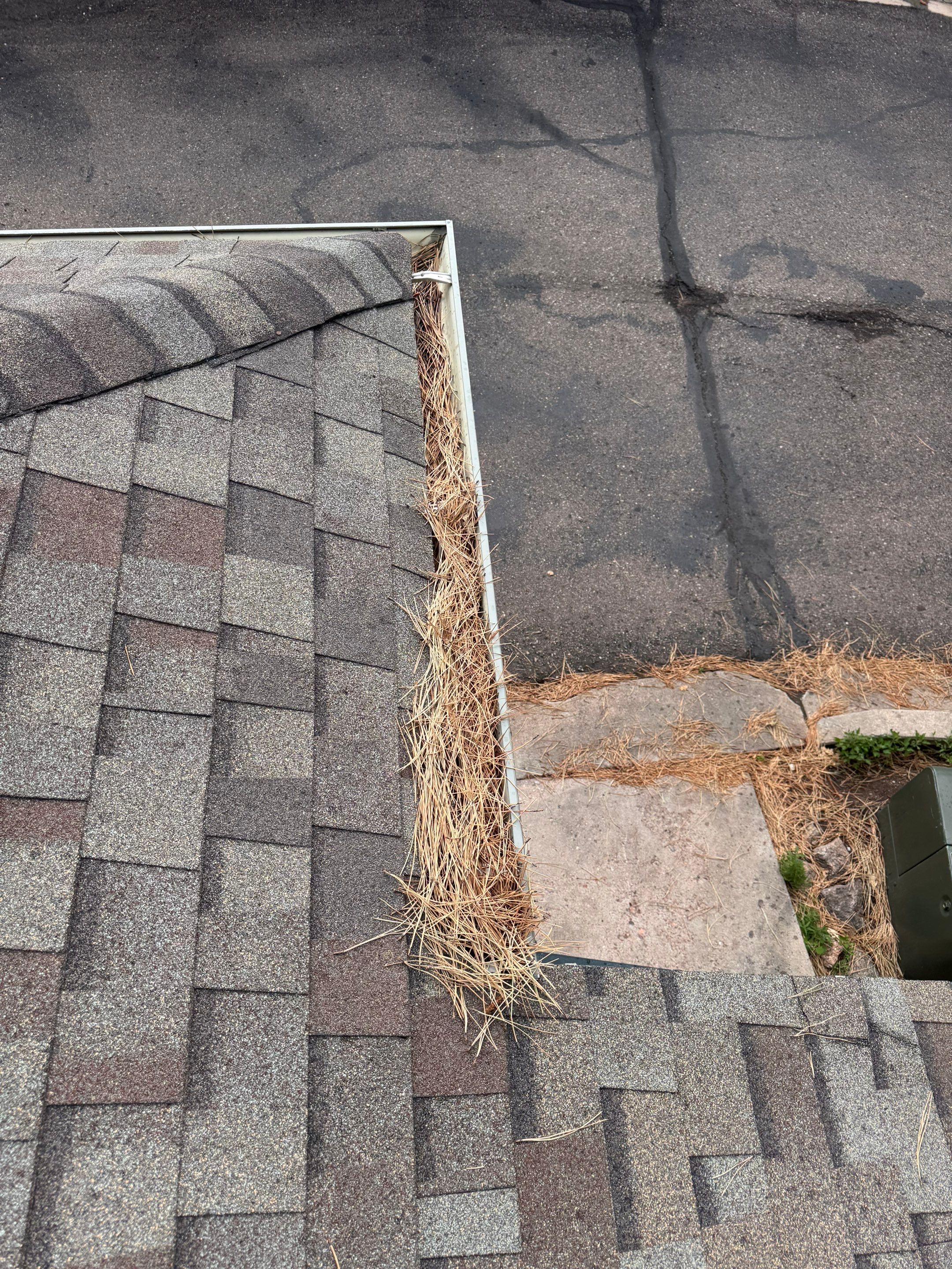 Commercial gutter cleaning Colorado Springs, CO before photo with filled gutters