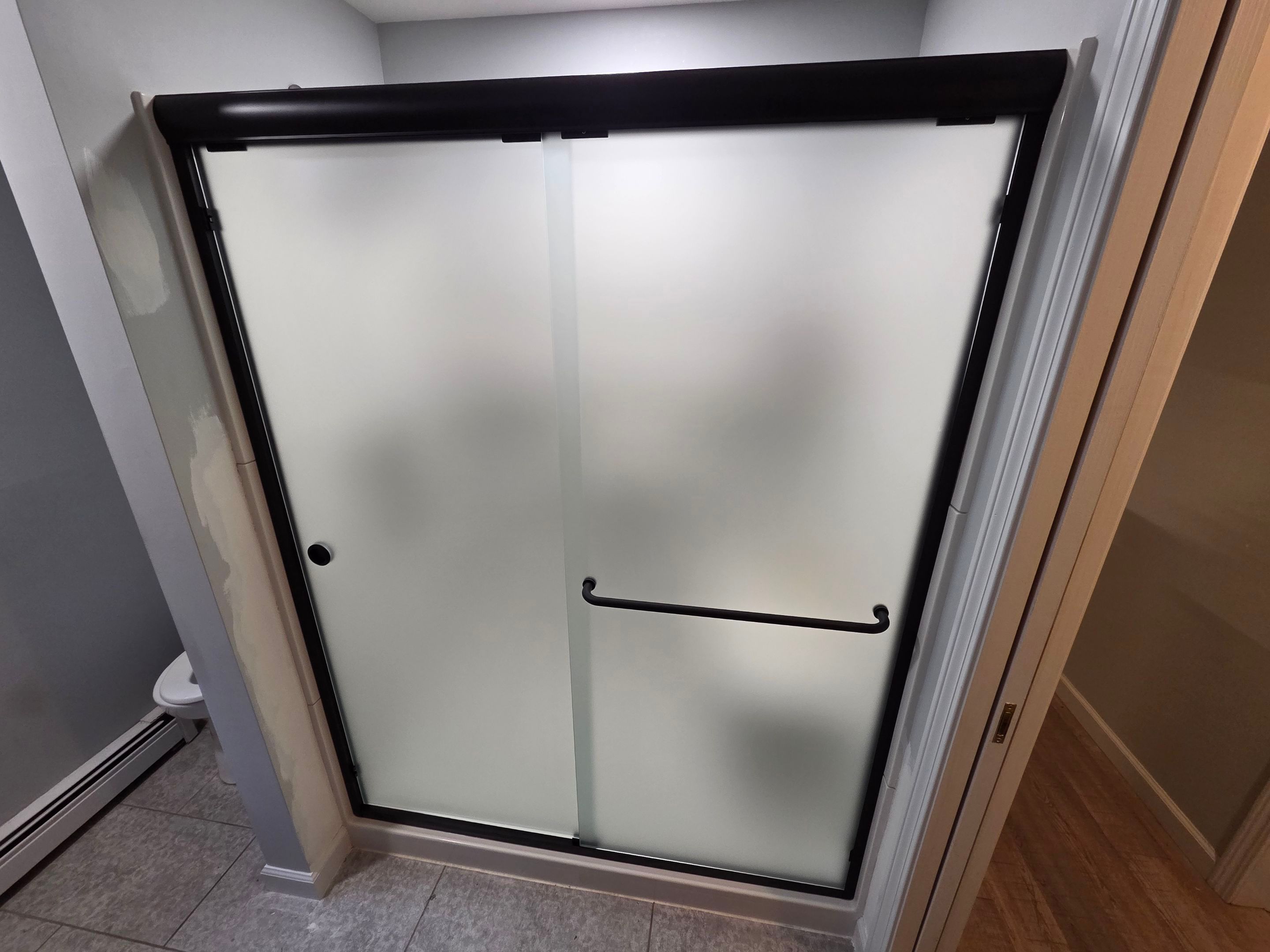 Shower using Acid Etched (Frosted) Tempered Shower Glass by Cheshire Glass Company