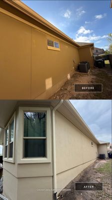 Before and after photo of exterior stucco siding repainted by Hill Country Painting in Leander, TX