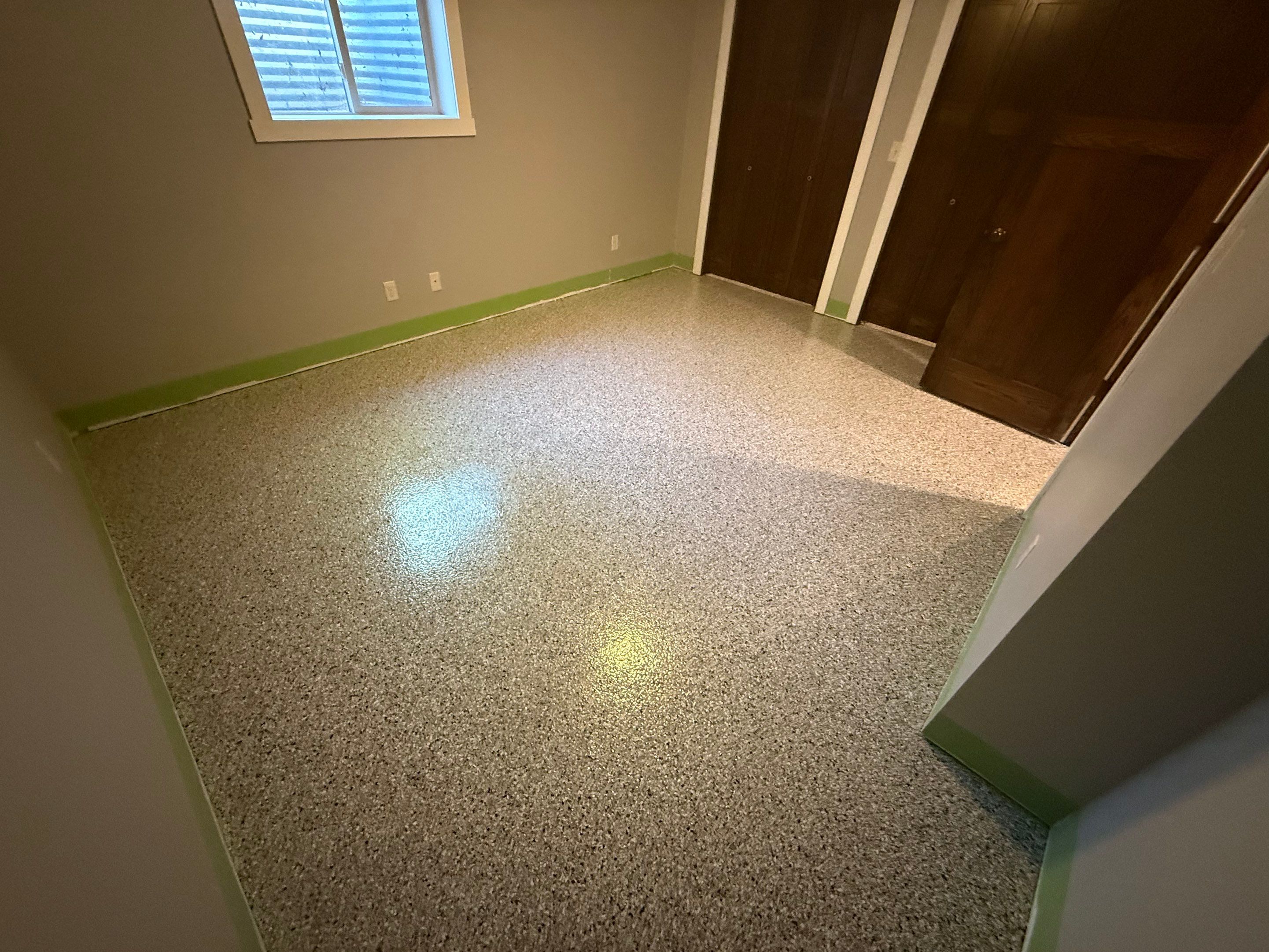 Decorative Flake Concrete Floor Coating for Larchwood Basement by Select Painting, Coatings & Garage Cabinets